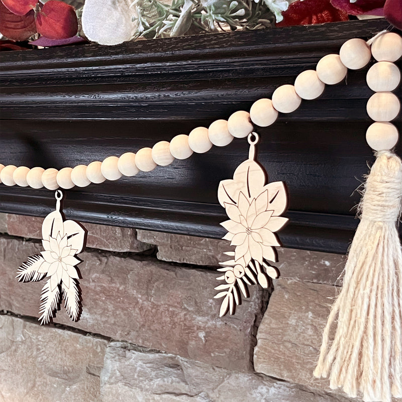 Poinsettia Garland with Natural Wood Beads and Charms