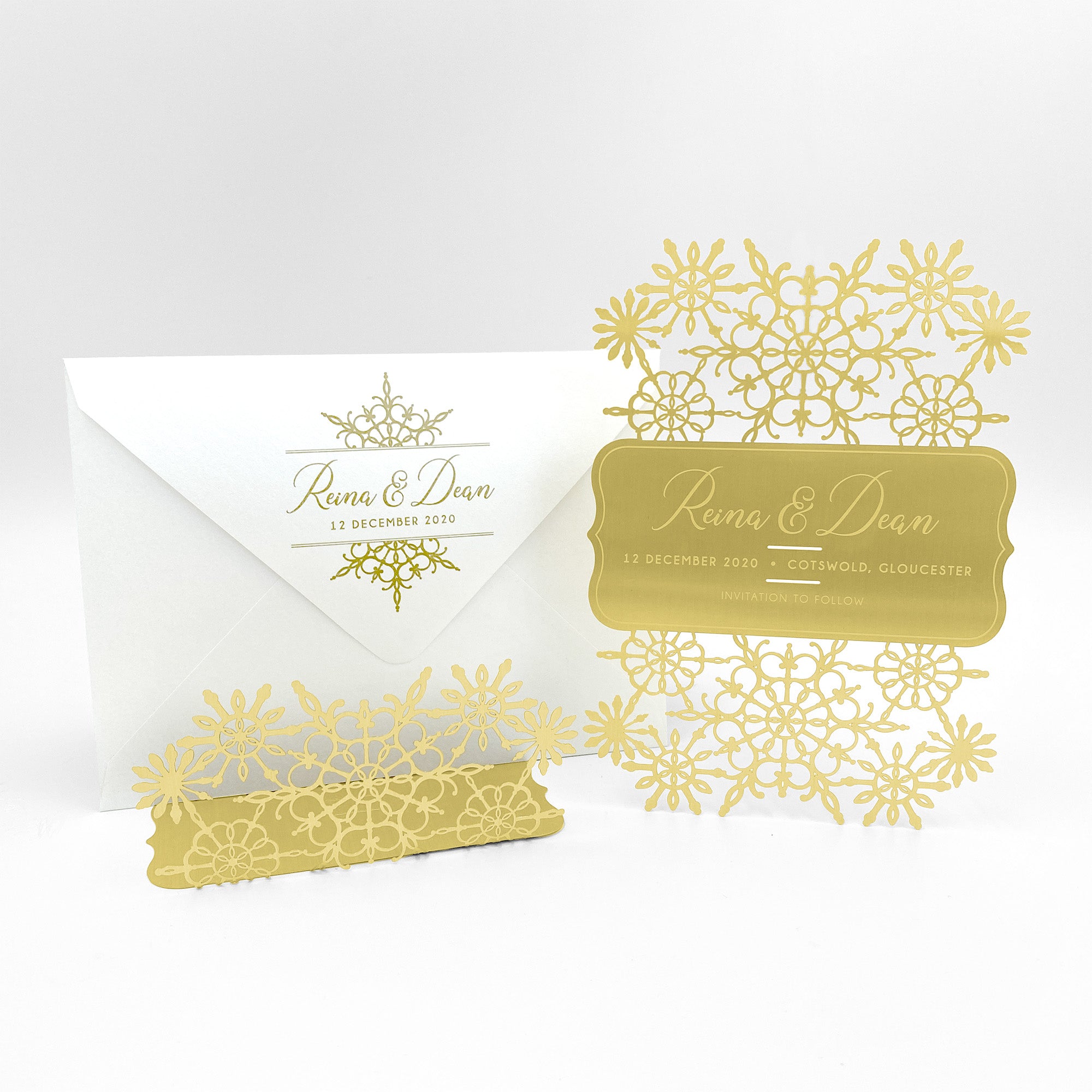 Gold Metal Snowflakes Winter Wedding Invitations