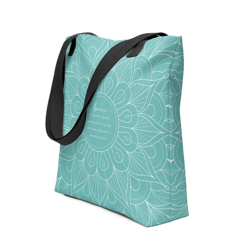 Brave Quote for Trauma Survivors Large Tote Bag with Pocket Teal Color