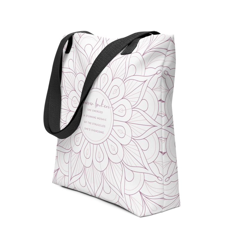 Never Broken Quote for Cancer Survivors Large Tote Bag with Pocket Pink Color