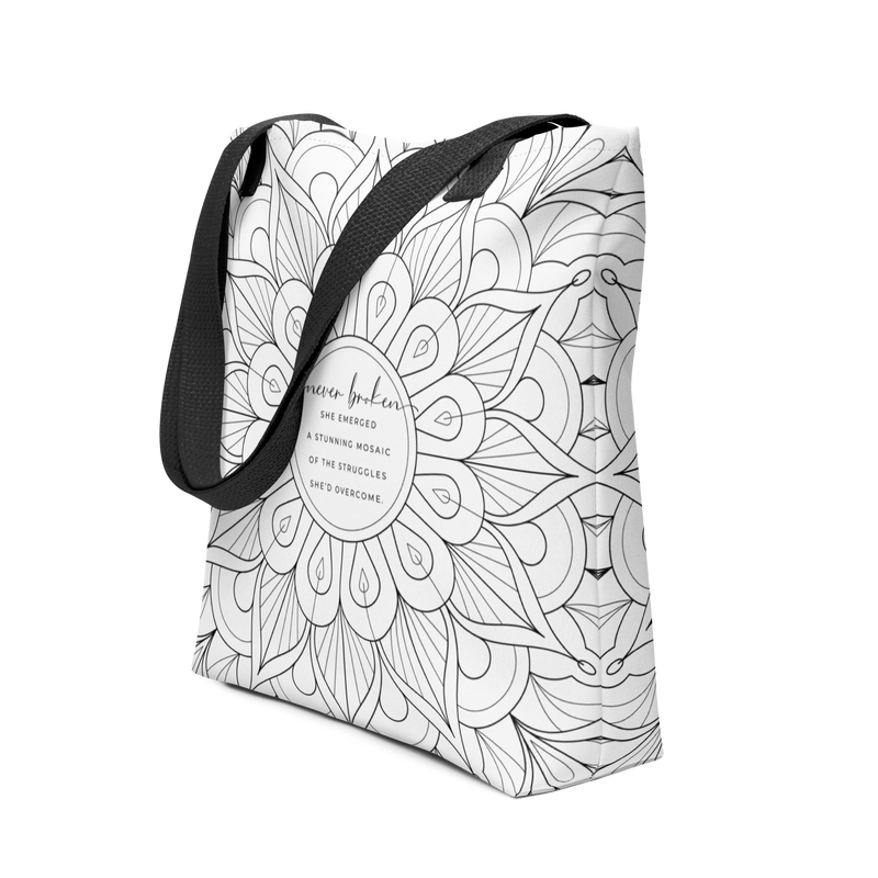 Never Broken Quote for Get Well Support Large Tote Bag with Pocket Black and White Color