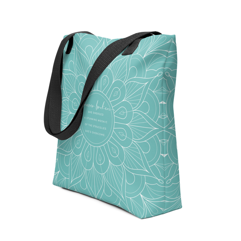 Never Broken Quote for Trauma Survivors Large Tote Bag with Pocket Teal Color