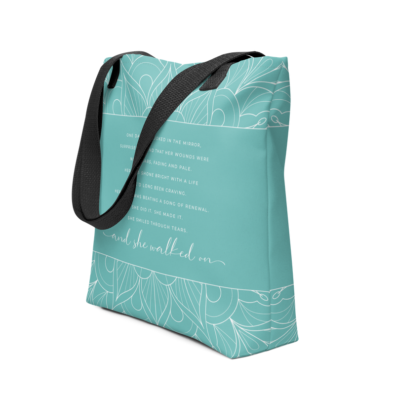 She Walked On Quote for Trauma Survivors Large Tote Bag with Pocket Teal Color