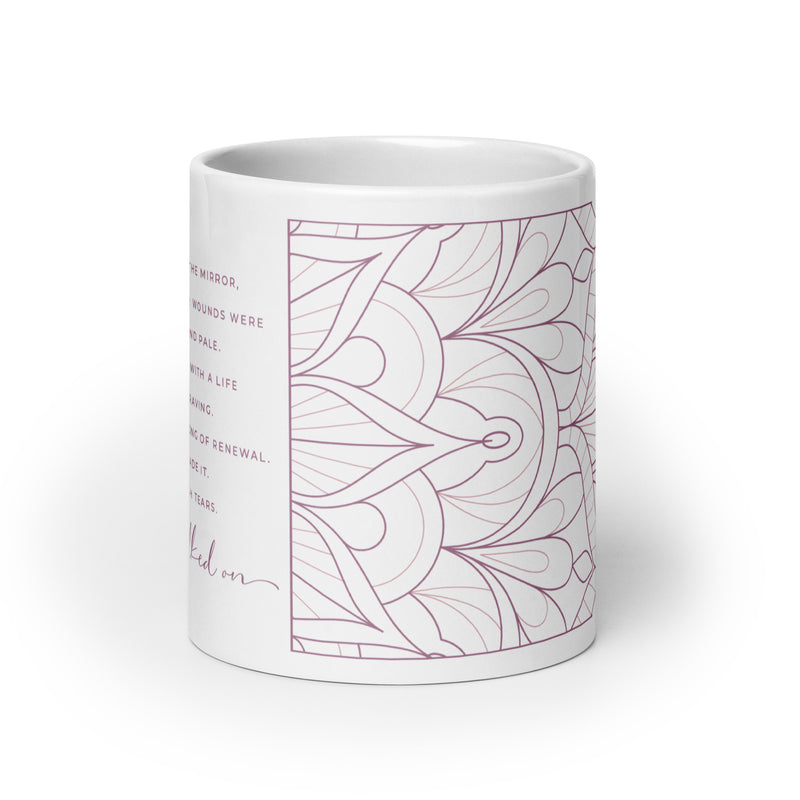 She Walked On Inspiring Quote Mug with Mandala Design Pink Color