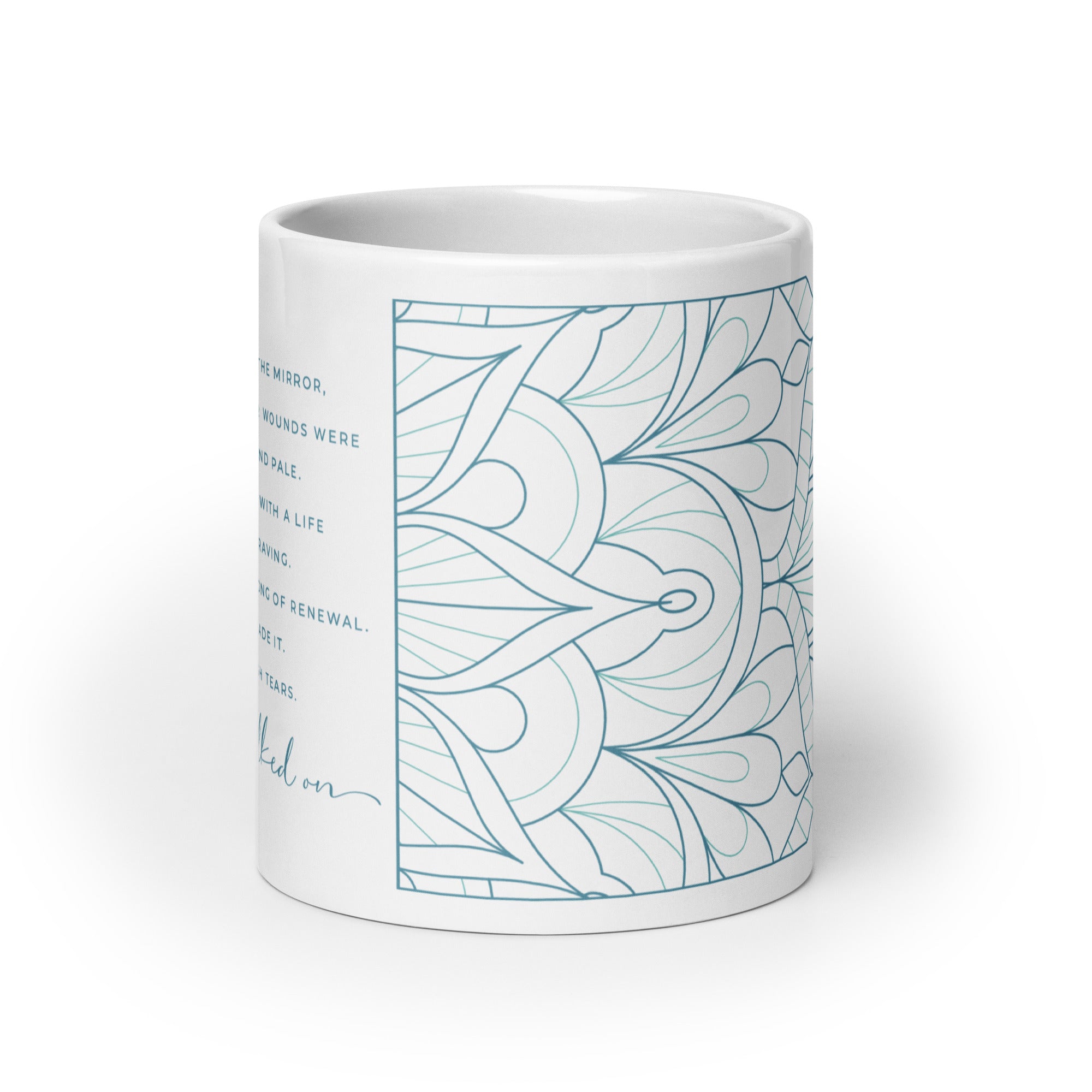 She Walked On Inspiring Quote Mug with Mandala Design Teal Color