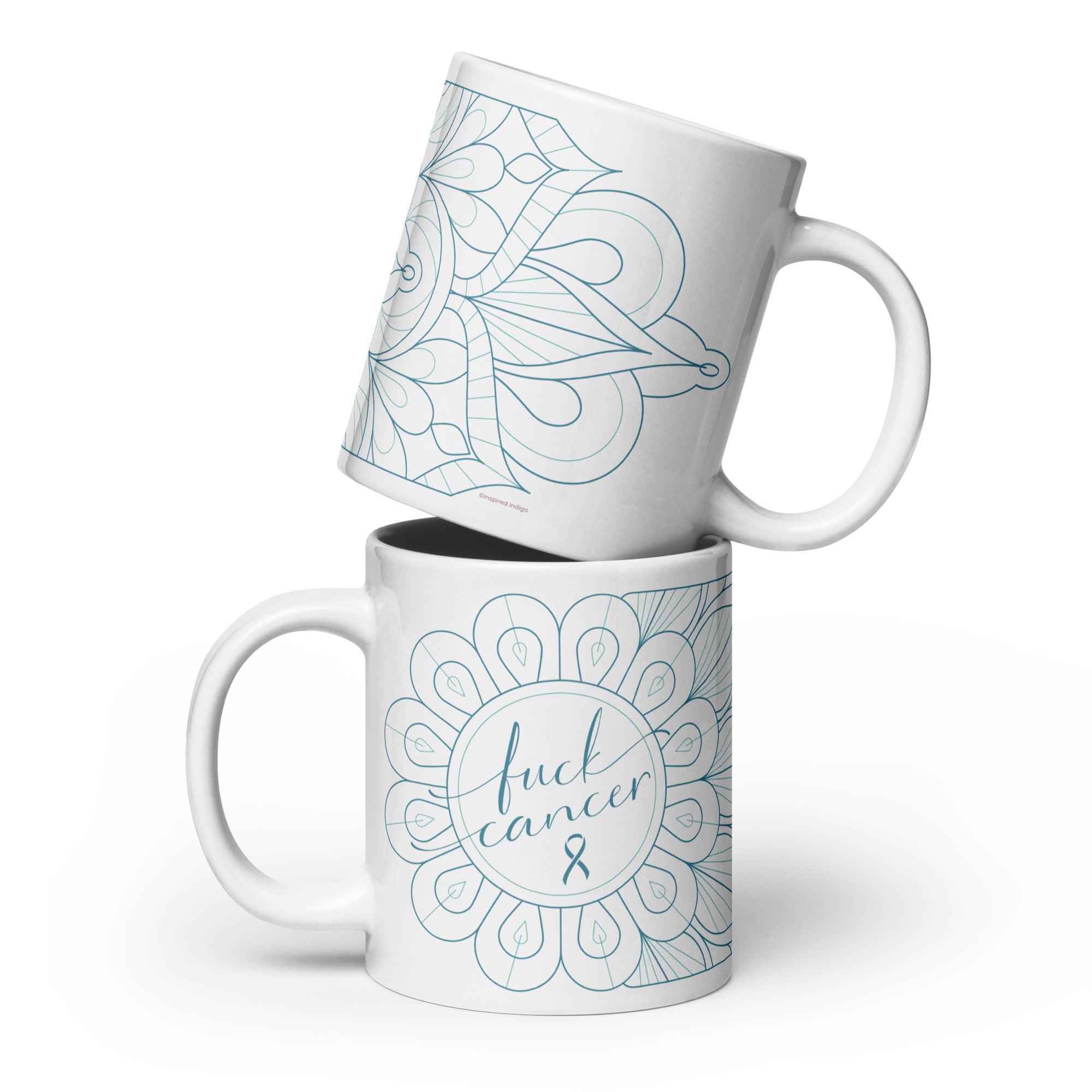 Ceramic tea mug with Fuck Cancer text and teal aqua mandala art chemo care package
