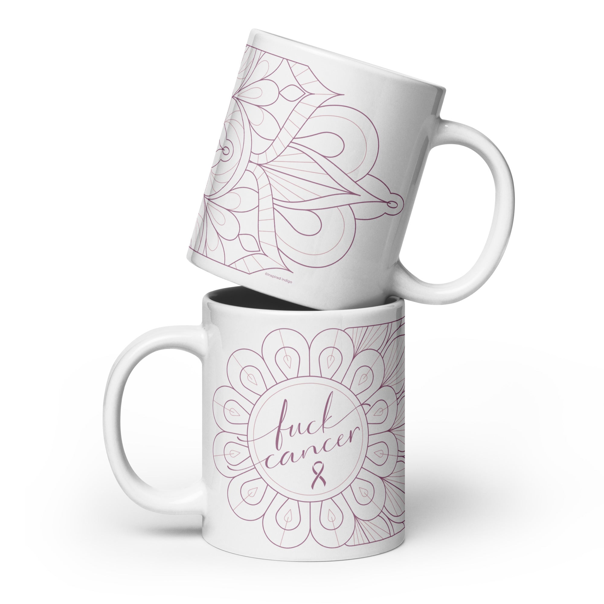 Ceramic tea mug with Fuck Cancer text and pink mandala art
