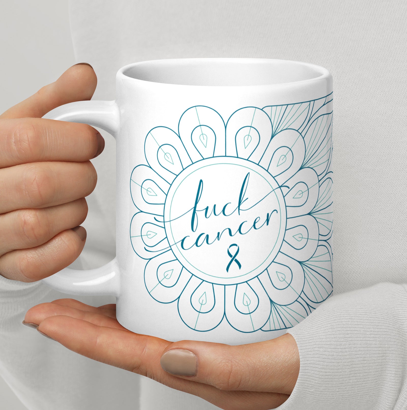 Ceramic coffee mug with Fuck Cancer quote white cup with teal aqua blue design
