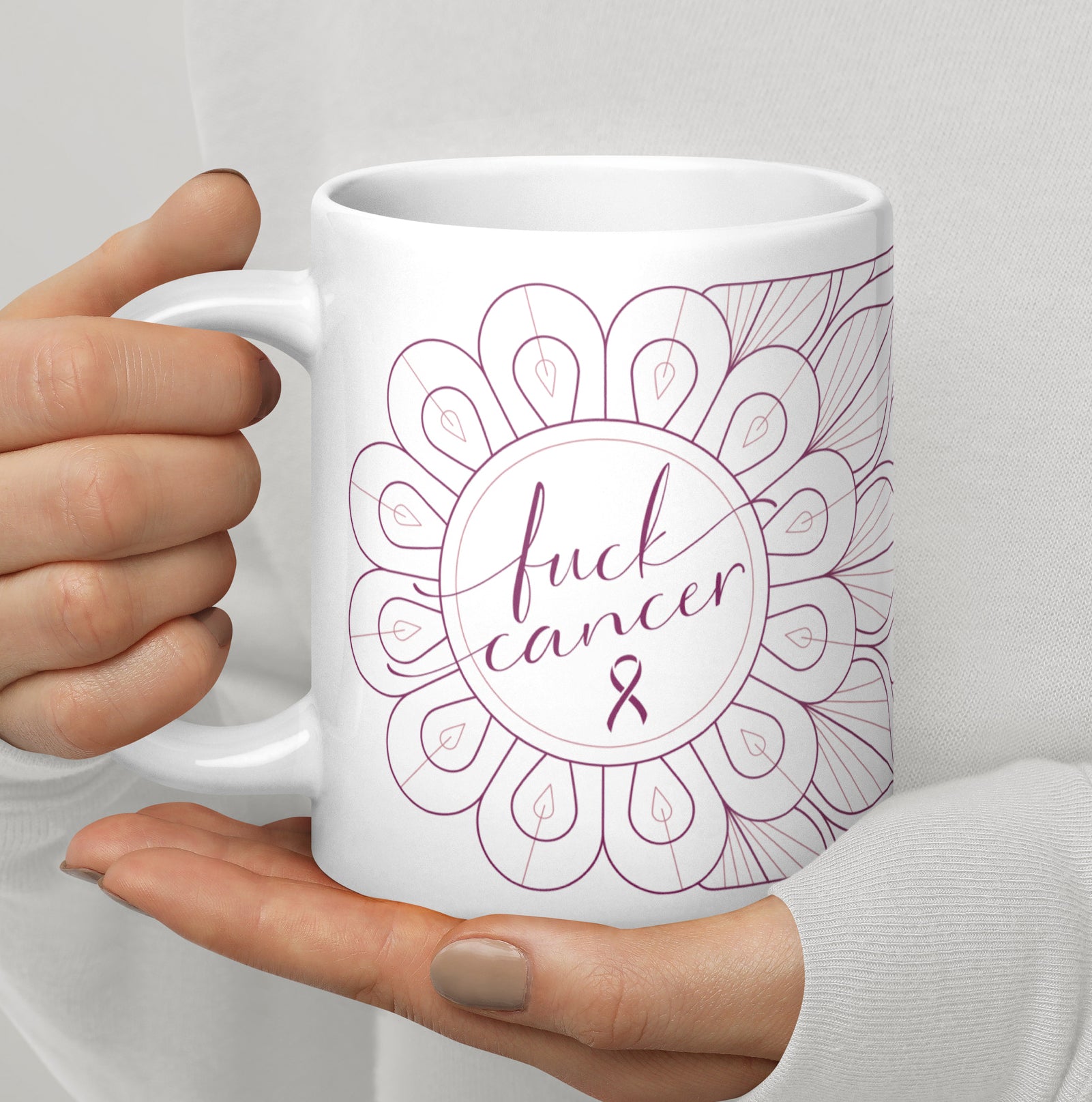 Ceramic coffee mug with Fuck Cancer quote white cup with pink design
