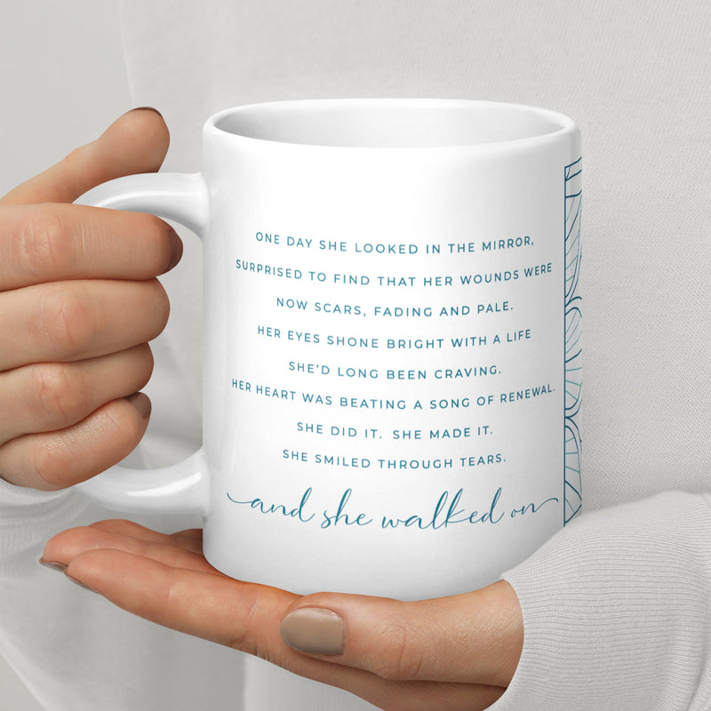 She Walked On Support Gift Ceramic Mug with Mandala Design Teal Color