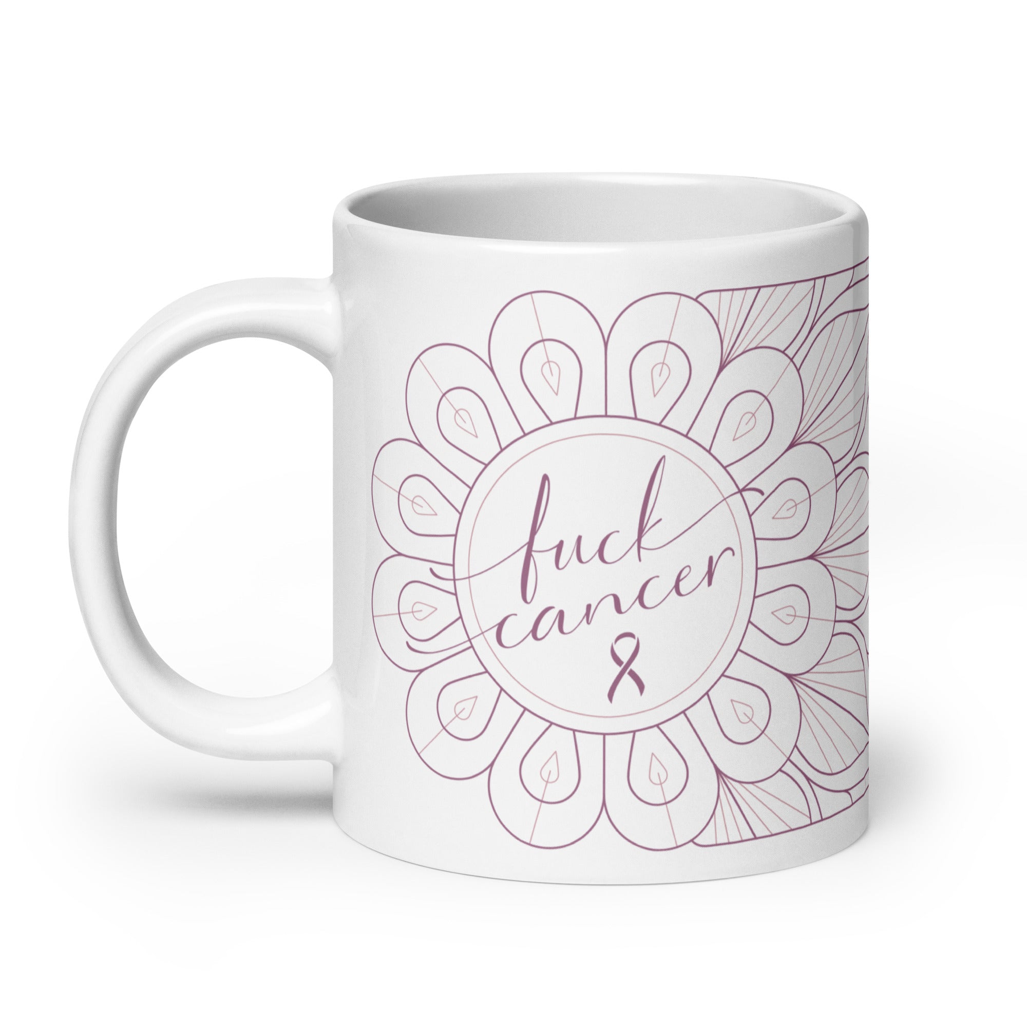 Ceramic mug with Fuck Cancer sentiment and mandala art 20 ounces chemo gift
