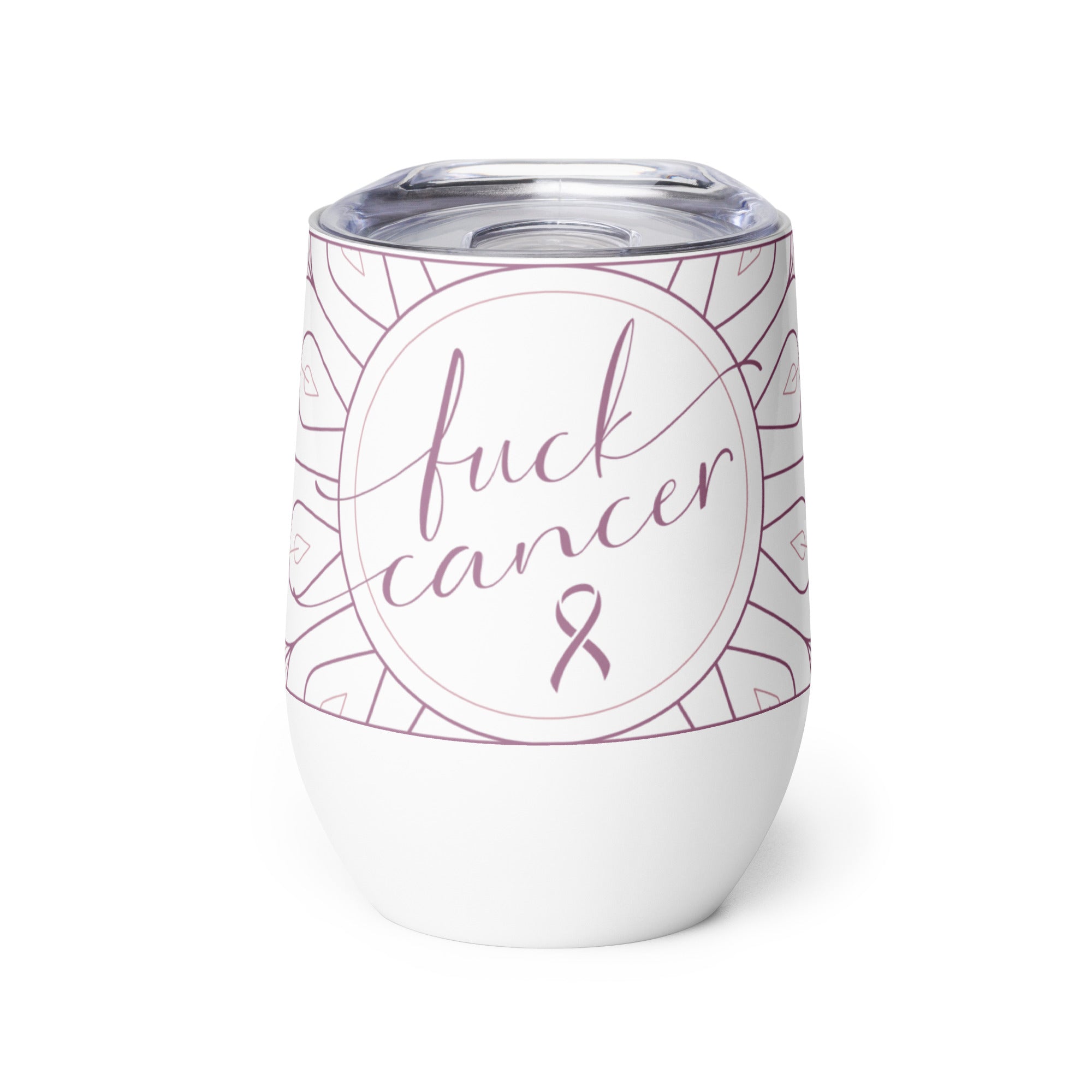 Wine tumbler insulated unbreakable metal cup with lid with Fuck Cancer text and pink mandala art
