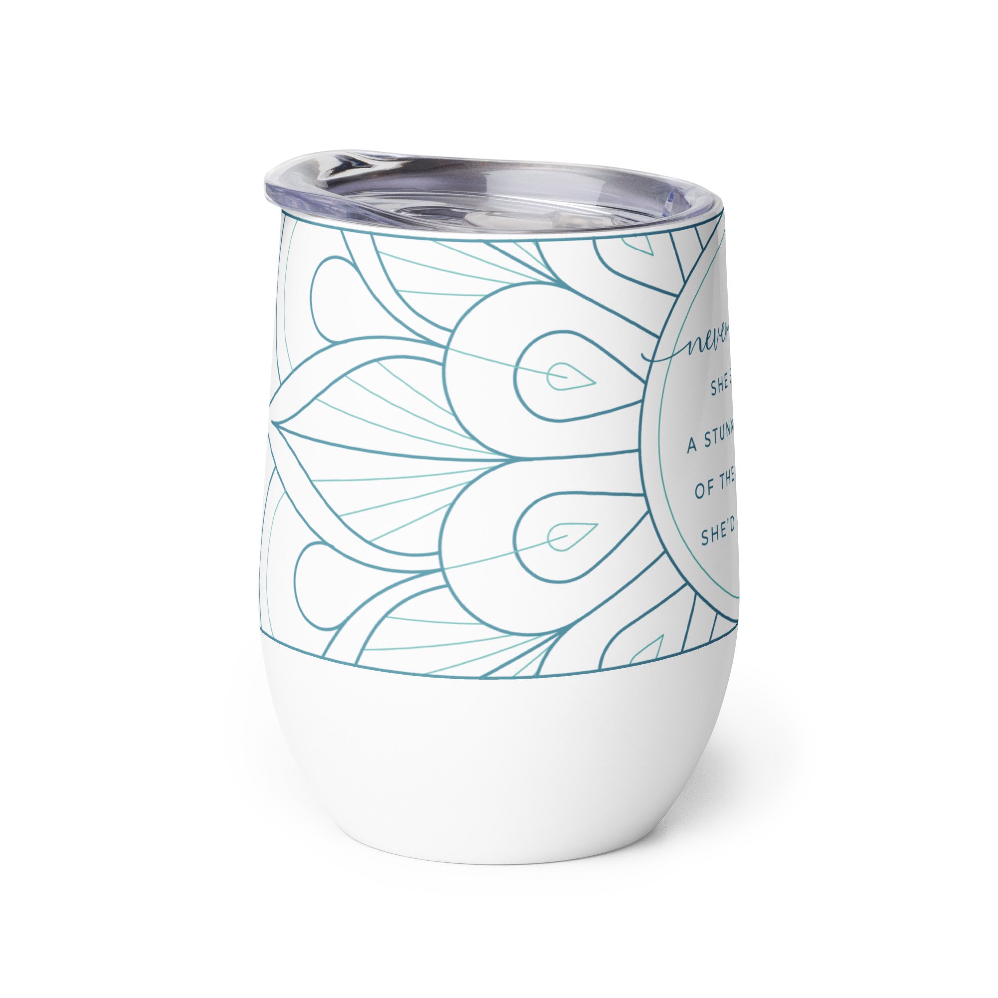 Never Broken Wine Tumbler with Mandala Design Side View Teal Color