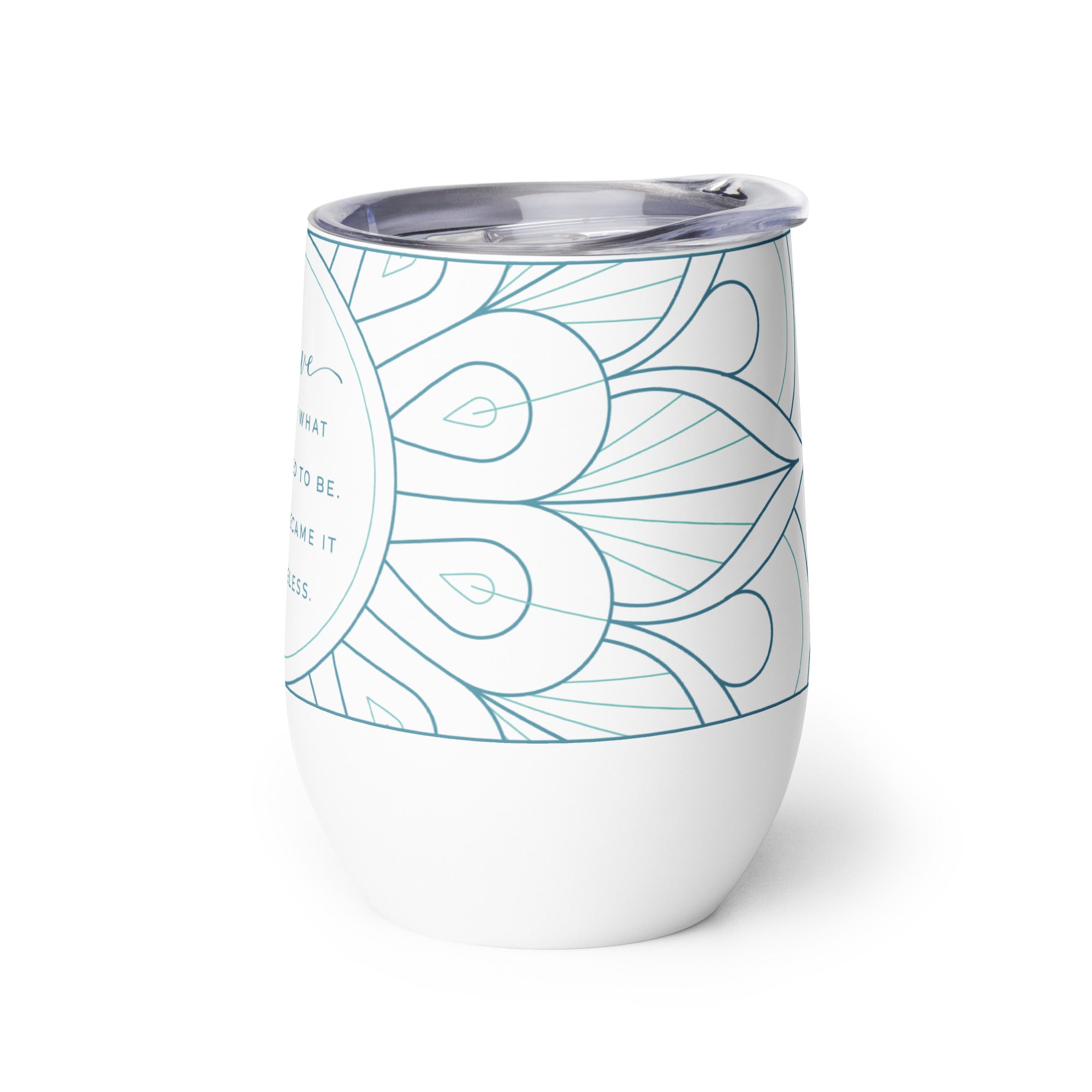 Brave Wine Tumbler with Mandala Design Side View Teal Color