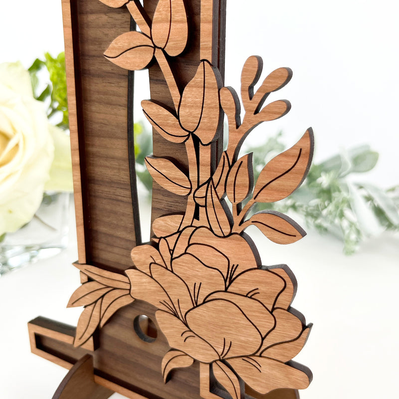 Wood Table Numbers with Stands - Floral Design