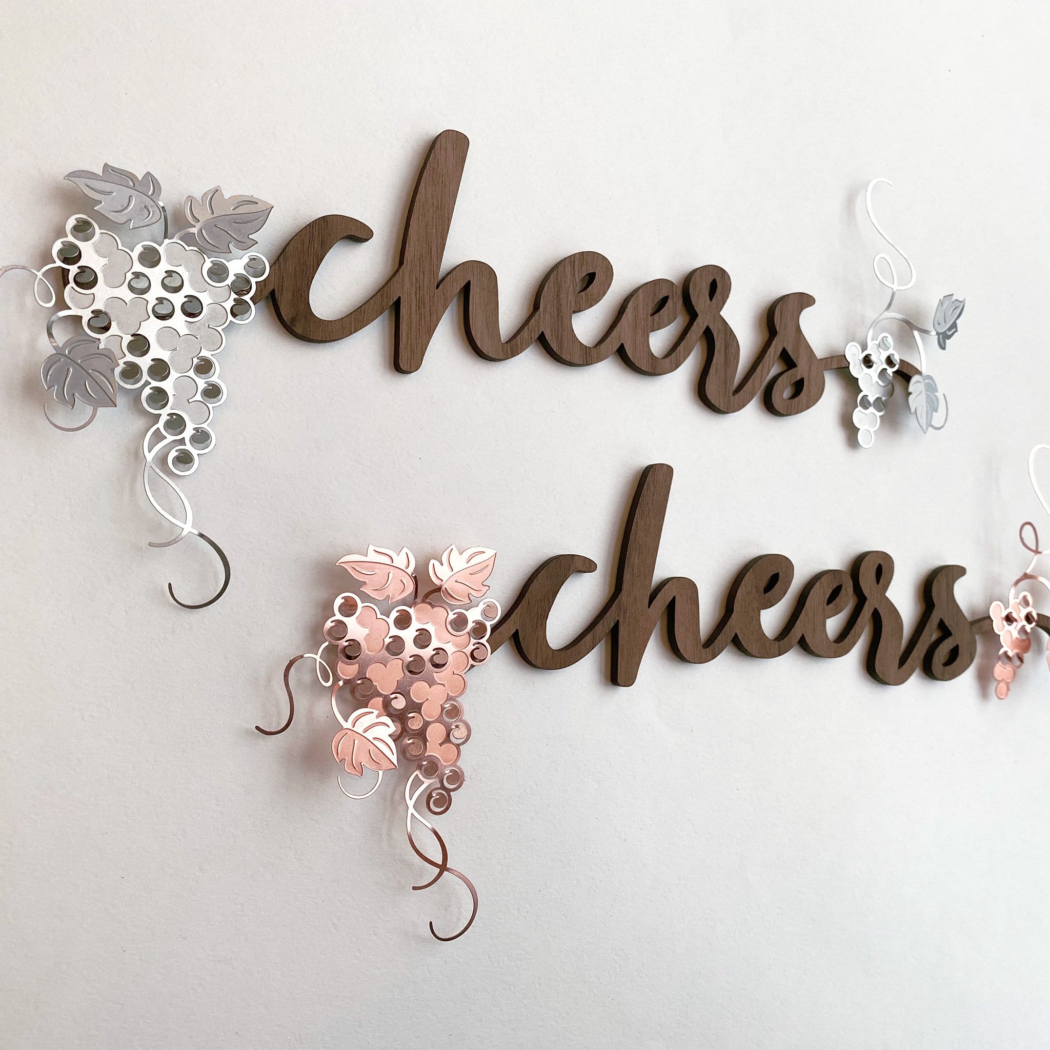 Cheers Wall Art Wood with Silver and Rose Gold Metal Grapes