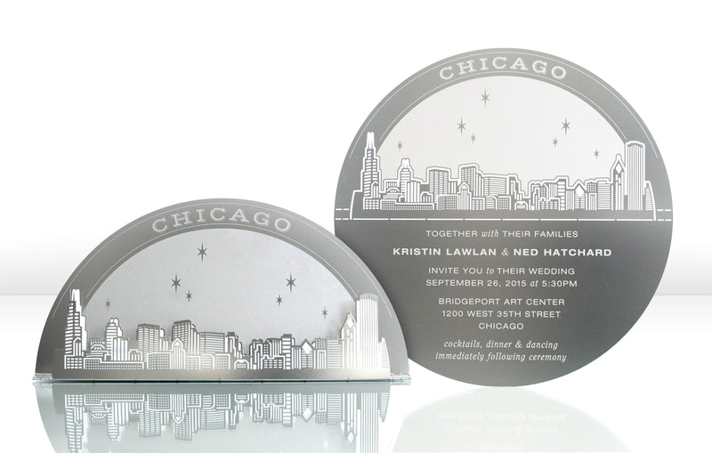 Silver Metal Wedding Invitation with Chicago Skyline