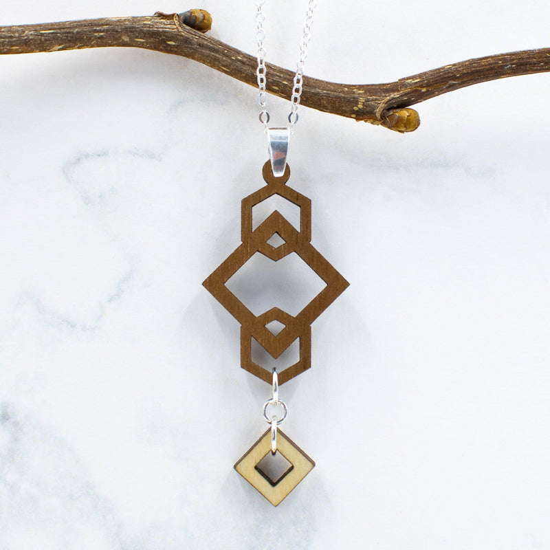 Geometric Wood Necklace with Silver Chain