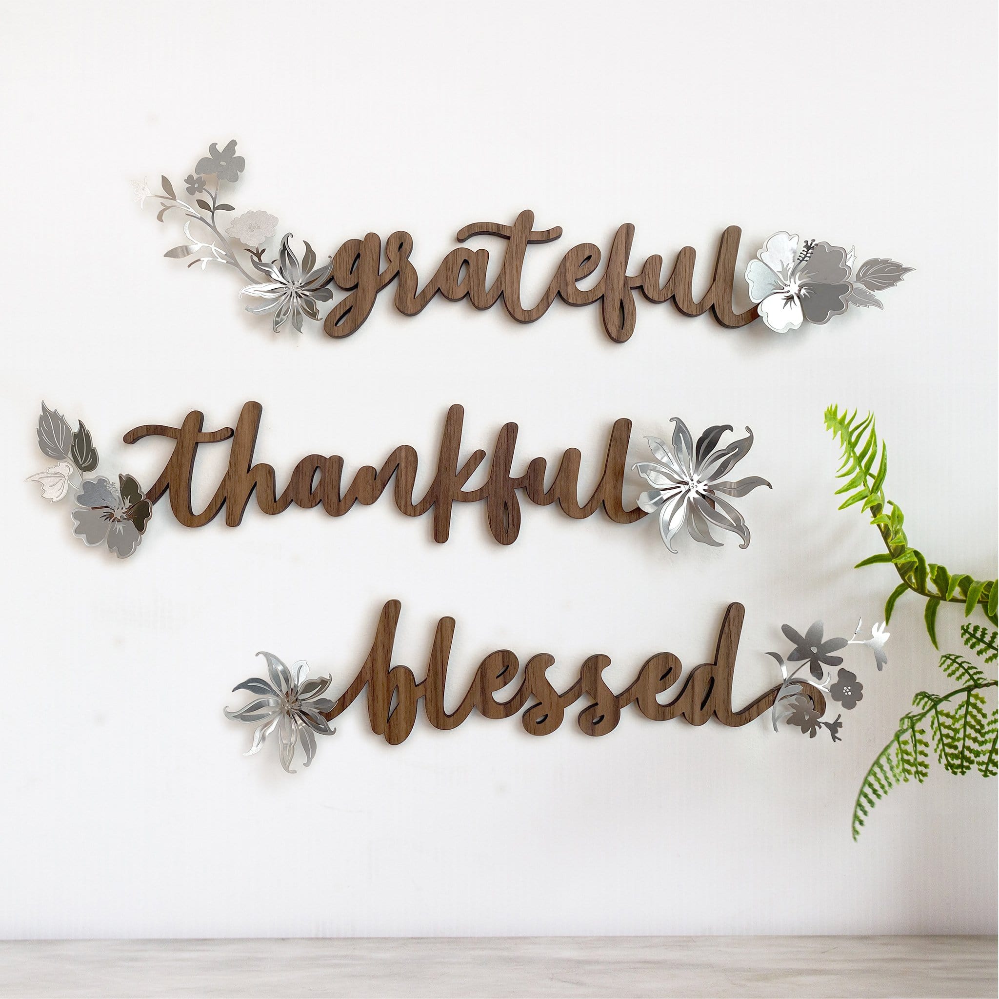 Grateful Thankful Blessed Wall Art Wood with Metal Flowers