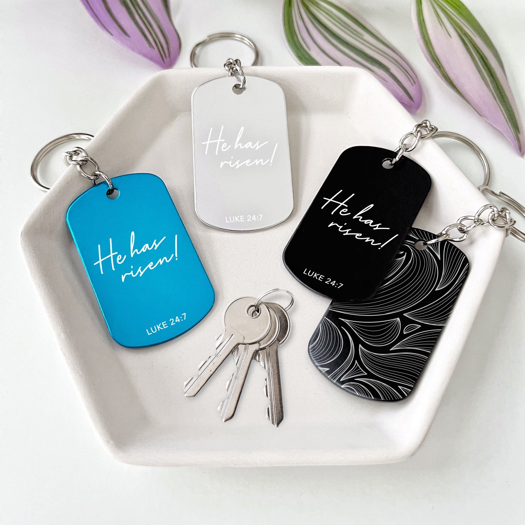 He Has Risen Bible Verse Keychains