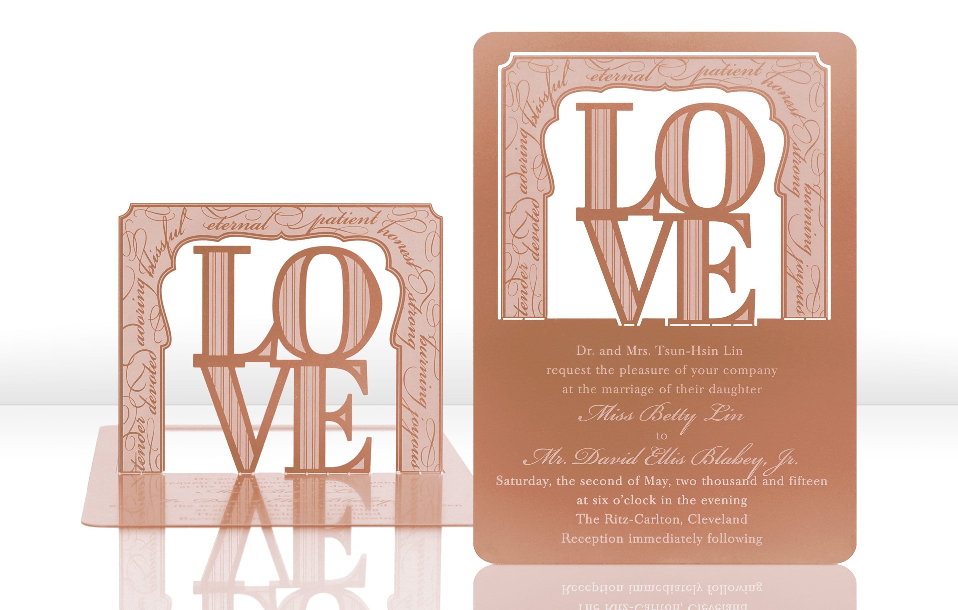 Rose Gold Metal Wedding Invitation with Love Theme