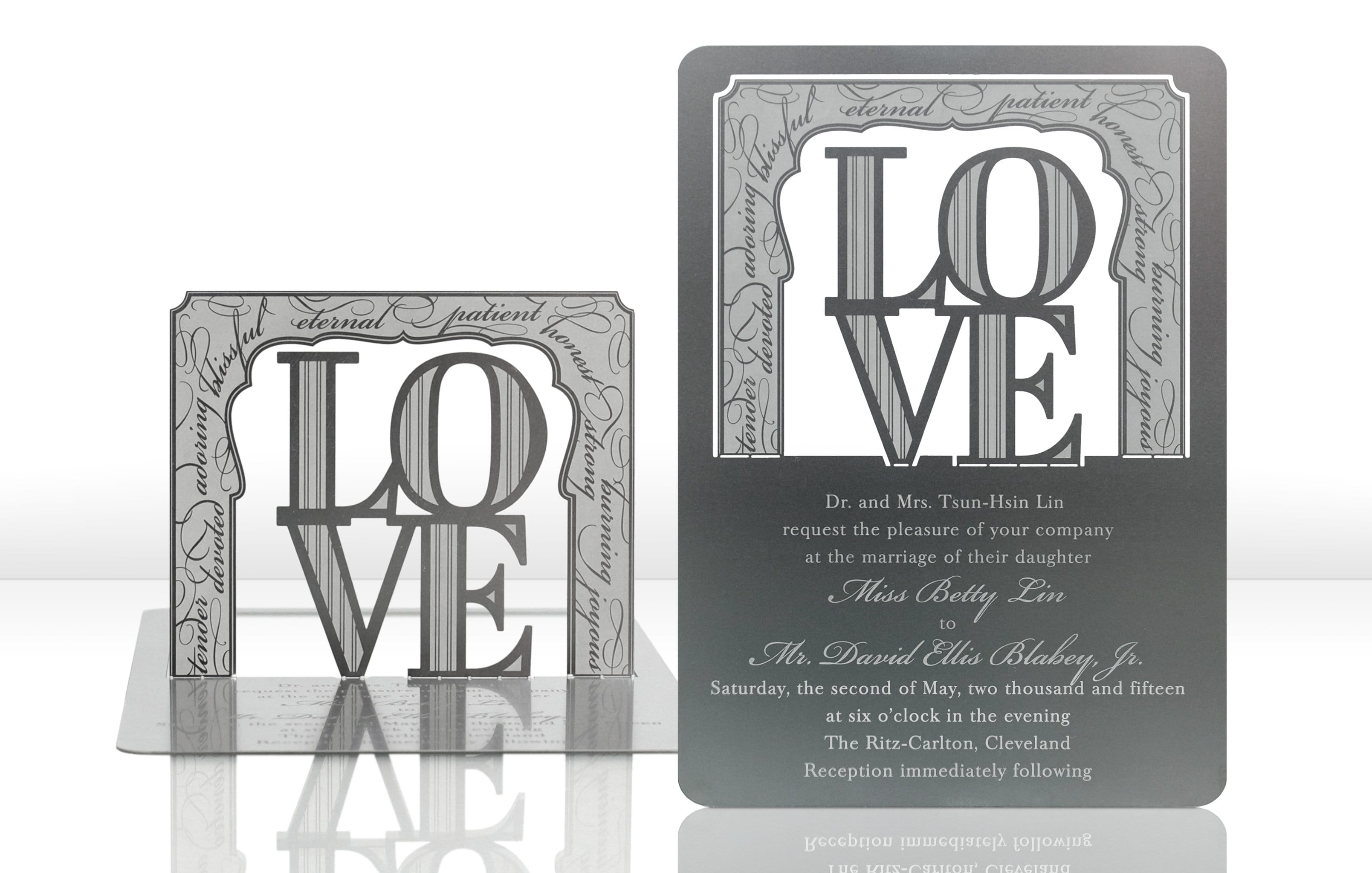 Silver Metal Wedding Invitation with Love Design