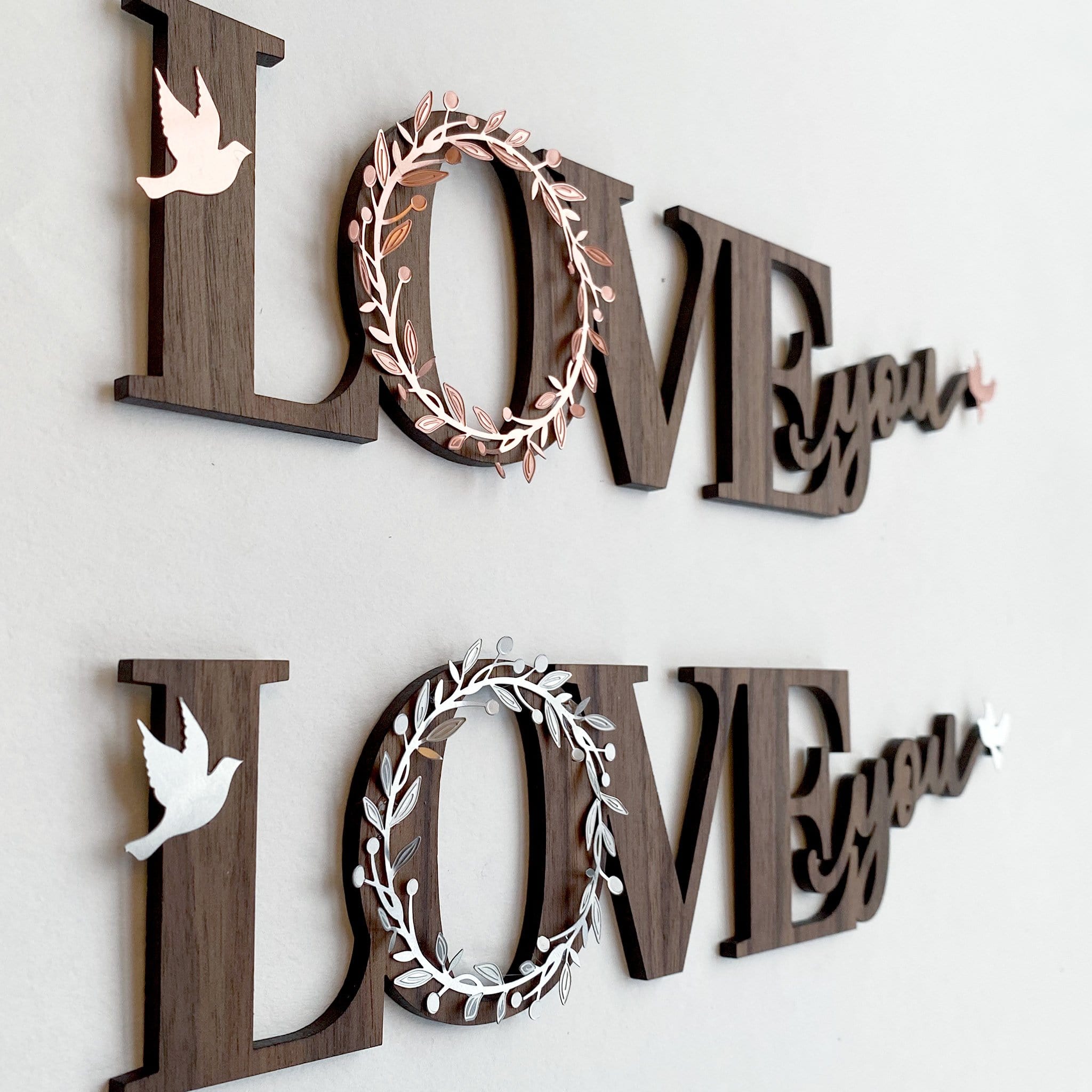 Love Wood Art with Metal Wreath and Birds