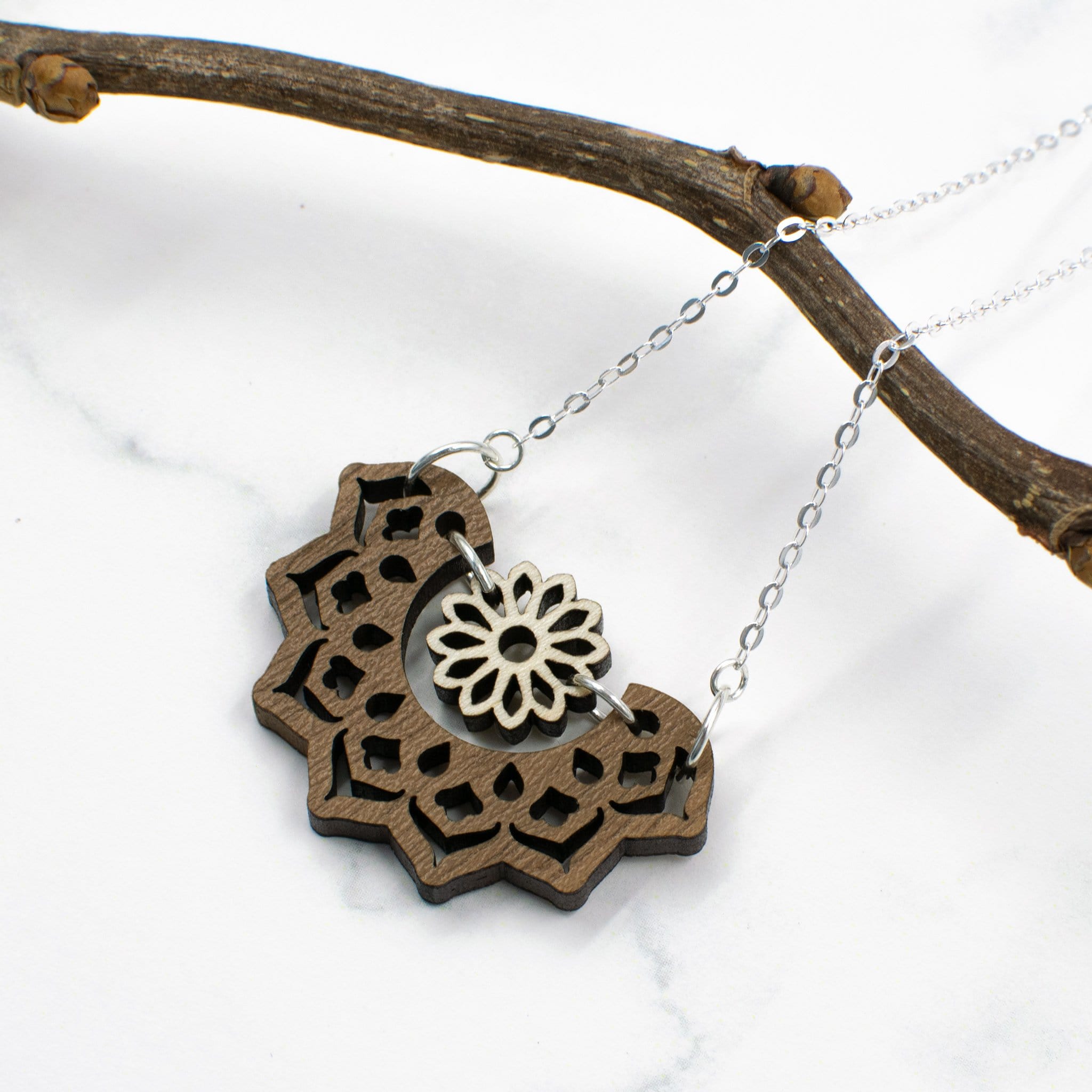 Mandala and Flower Wood Necklace