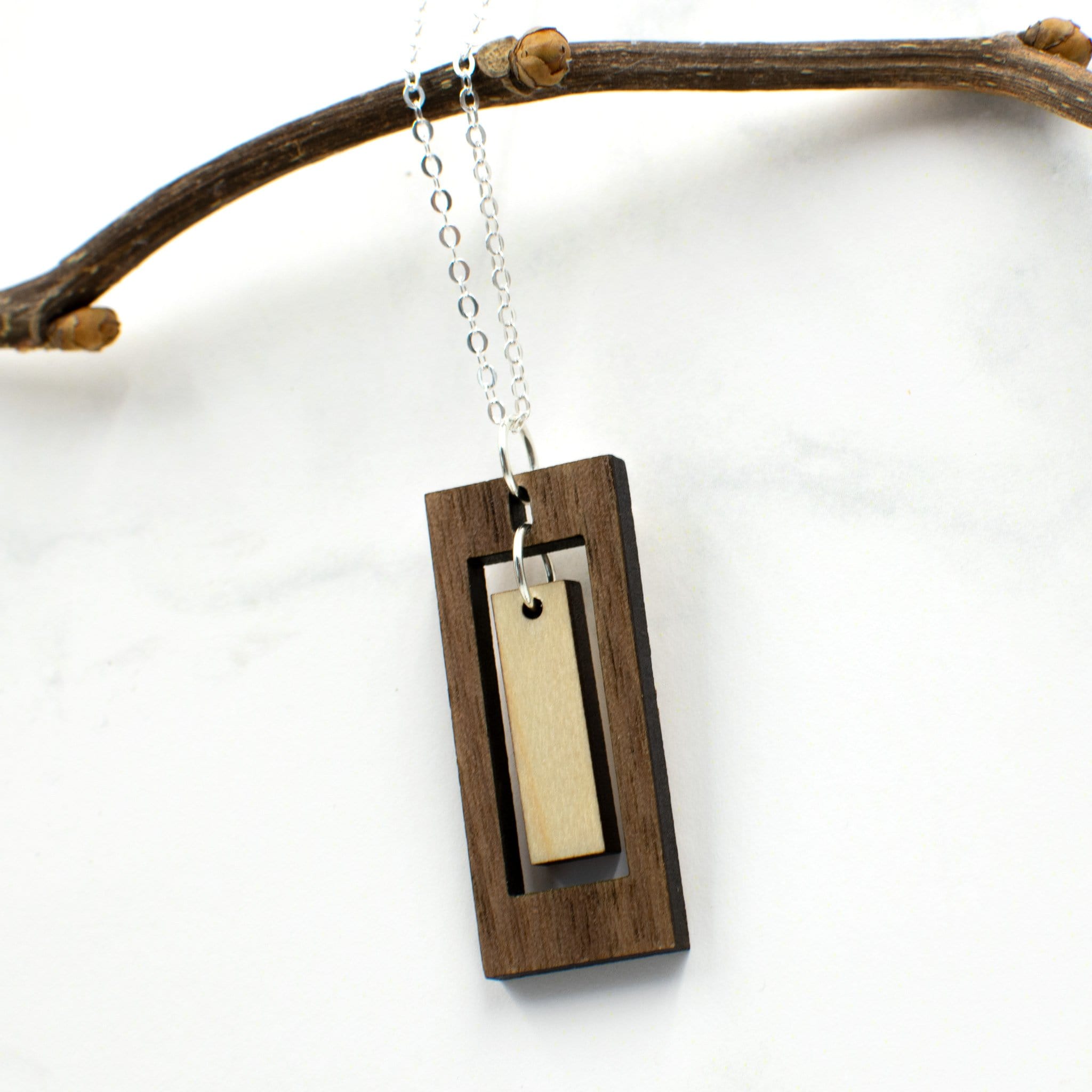 Elegant Rectangle Charm Wood Necklace