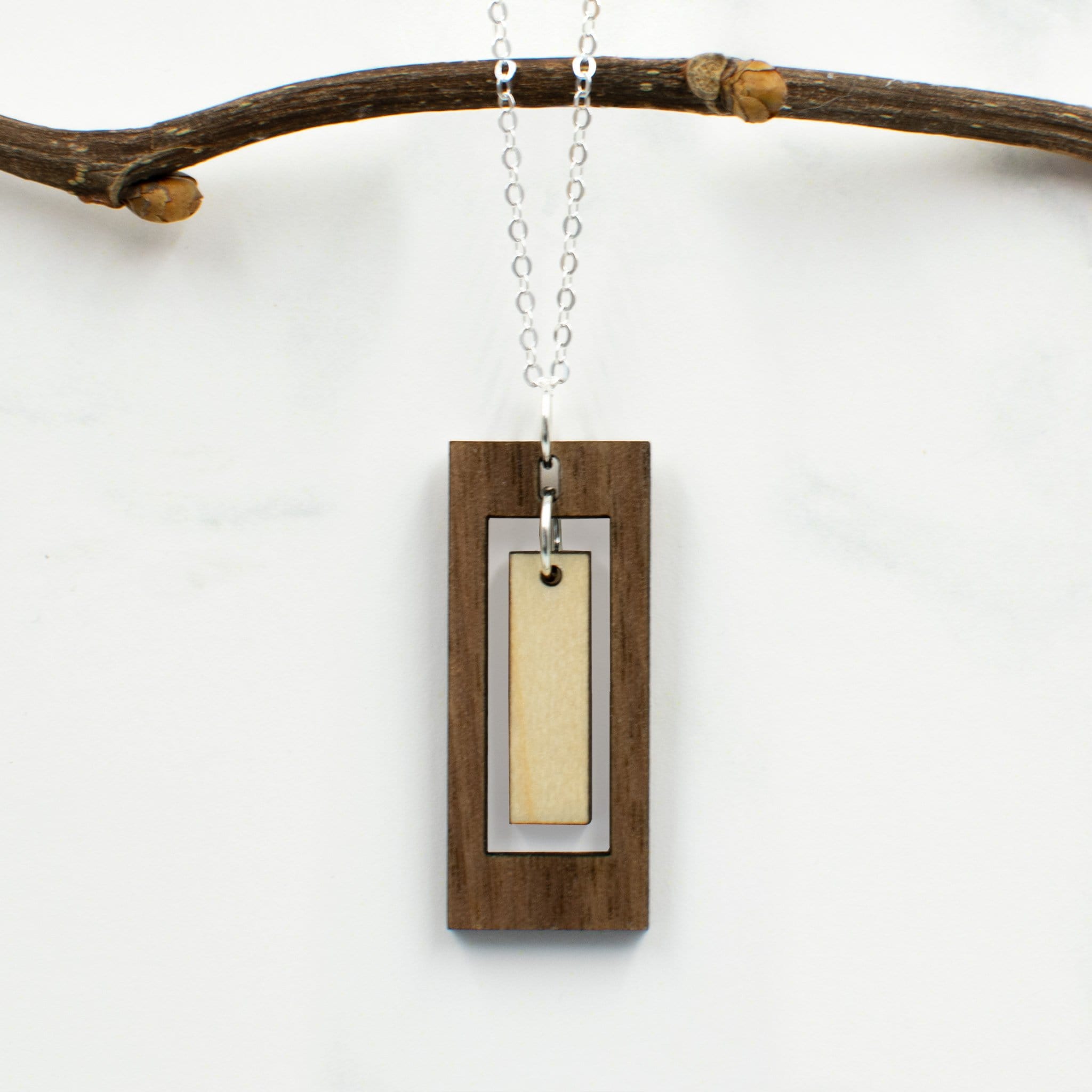 Modern Rectangle Charm Wood Necklace