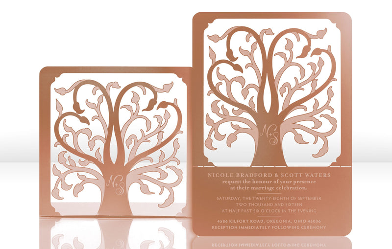 Rose Gold Metal Wedding Invitation with Family Tree Design