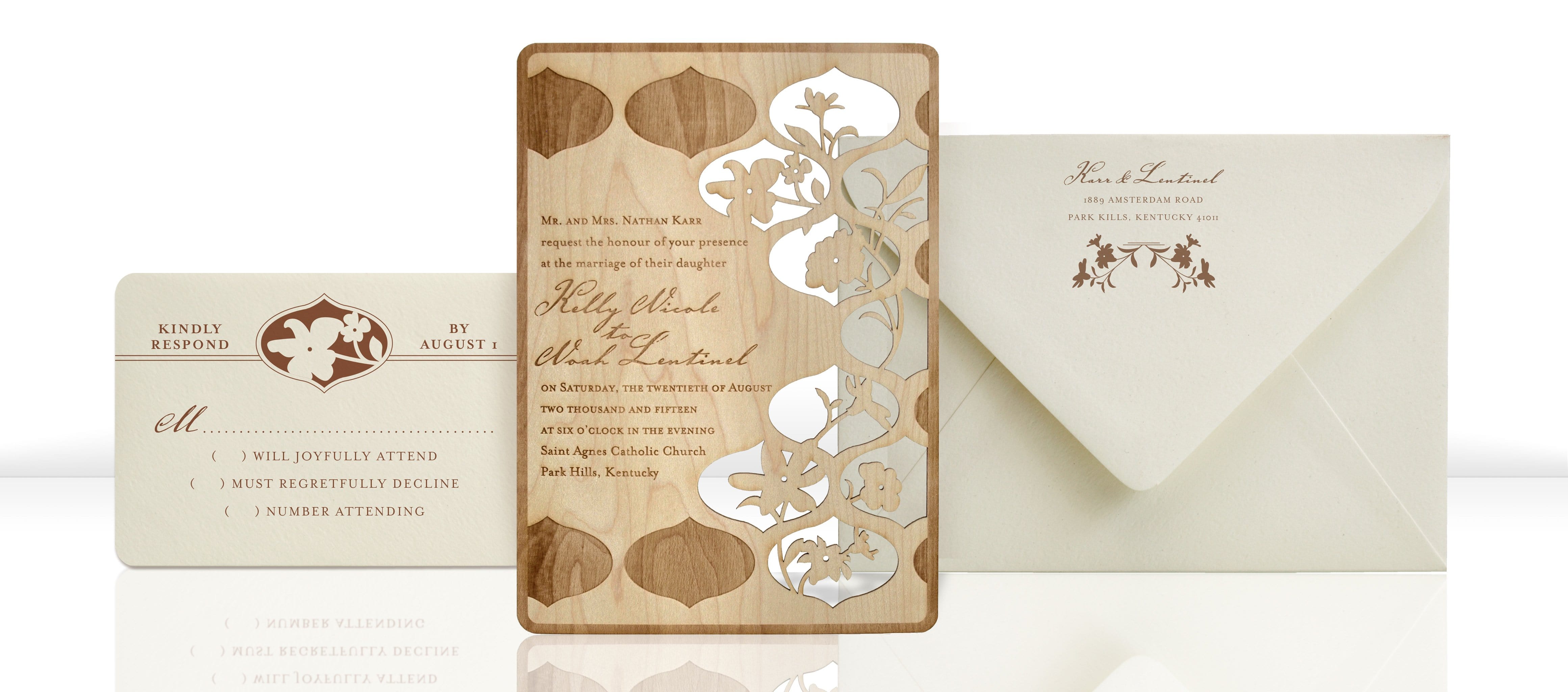 High End Floral Wood Wedding Invitations