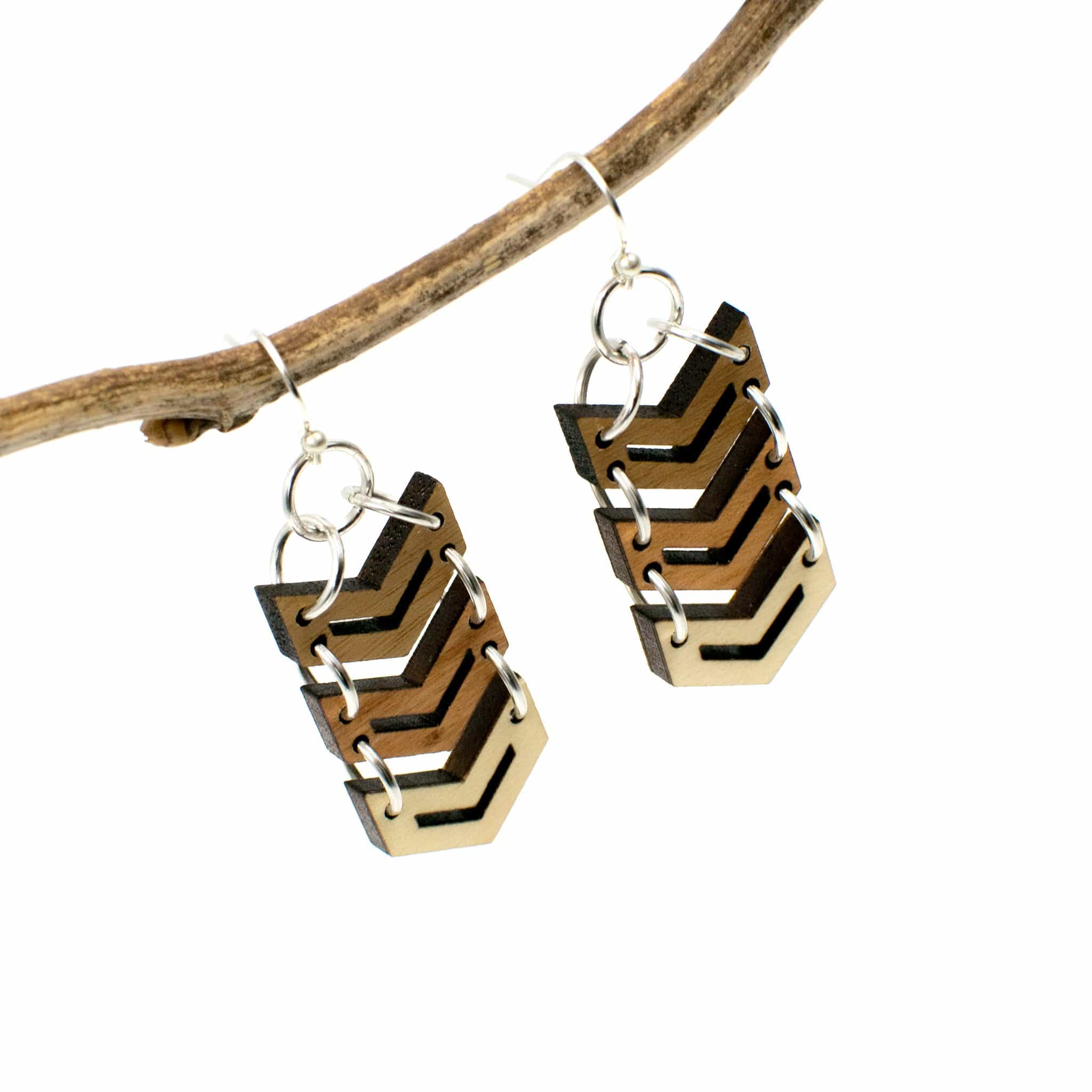 Wood Chevron Dangle Three Tone Earrings