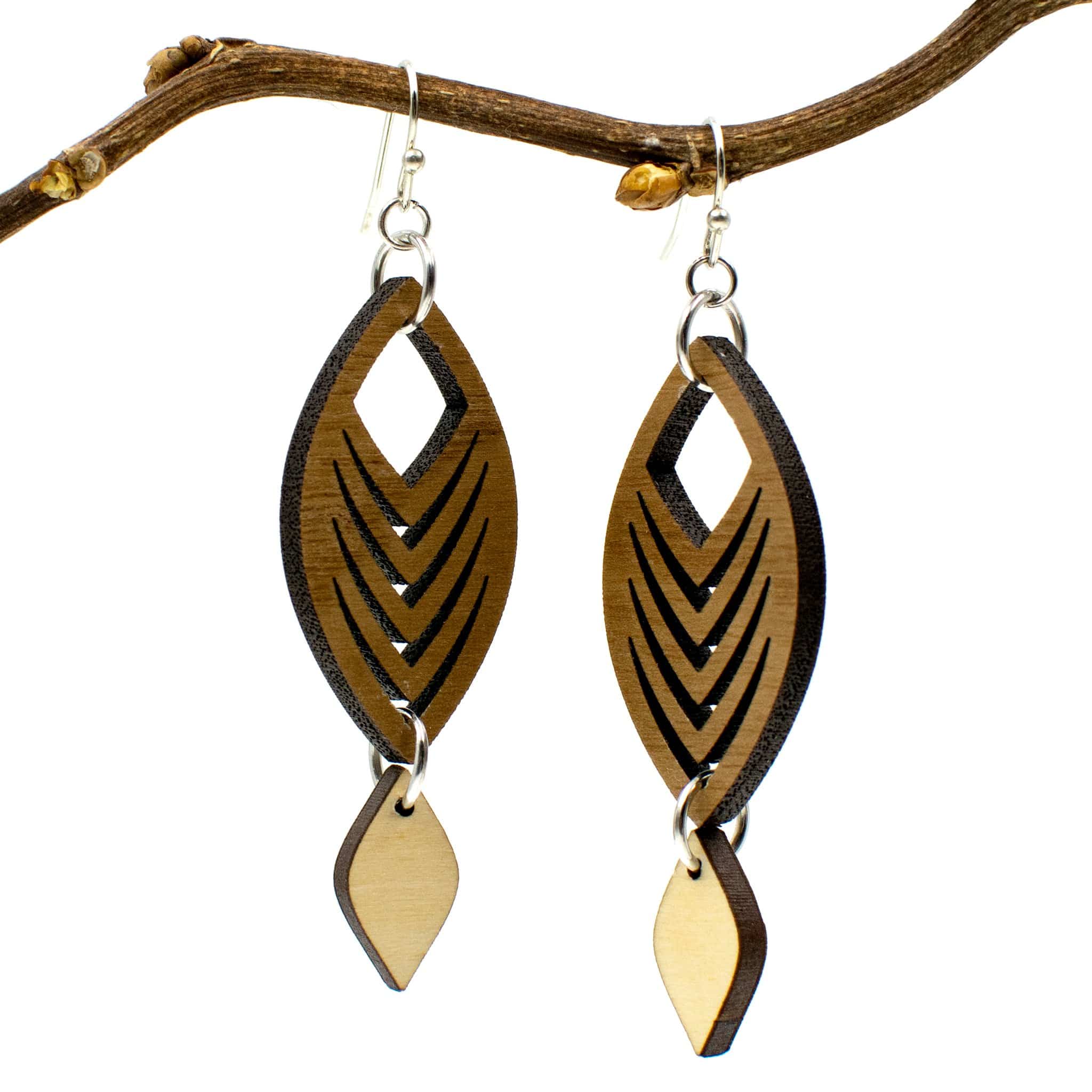 Wood Earrings Boho Dangle Curved Chevron Pattern