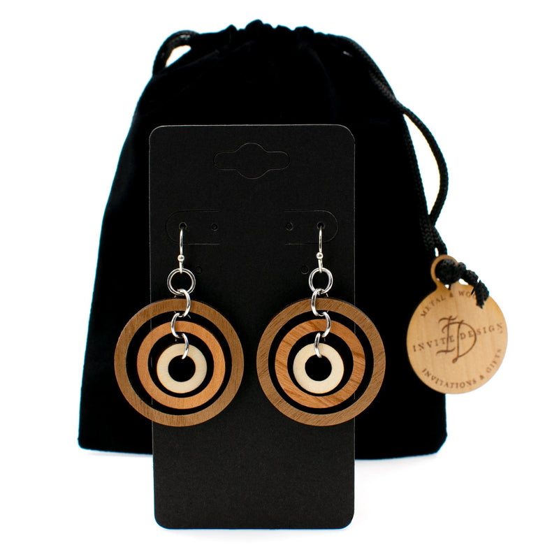 Gyroscope Circles Three-Tone Hardwood and Silver Dangle Earrings