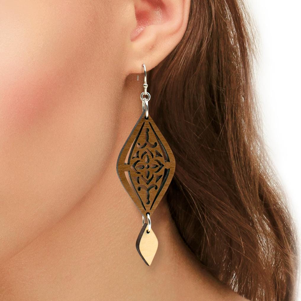 Scroll Design Wood Dangle Earrings with Silver Hooks