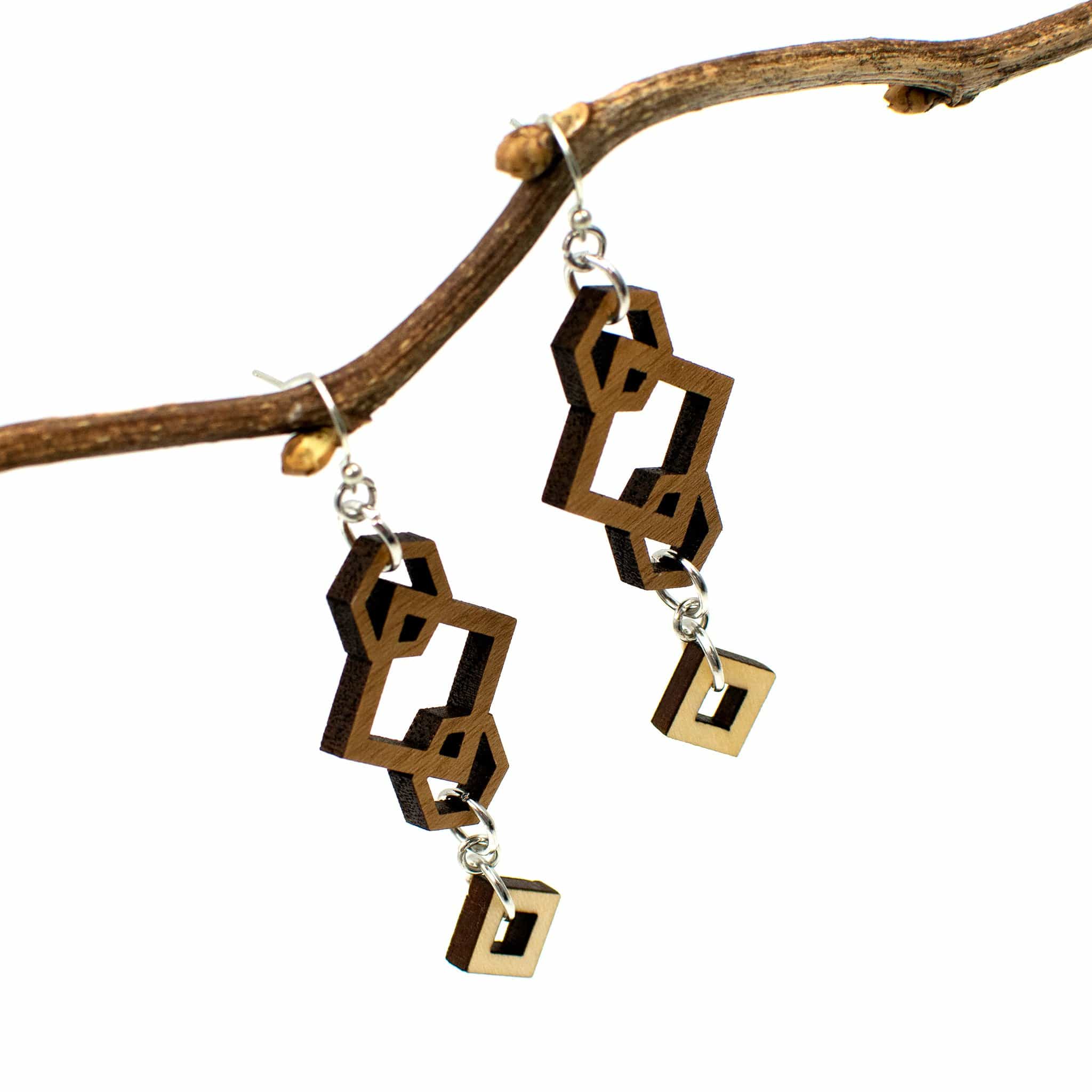 Geometric Wood and Silver Earrings