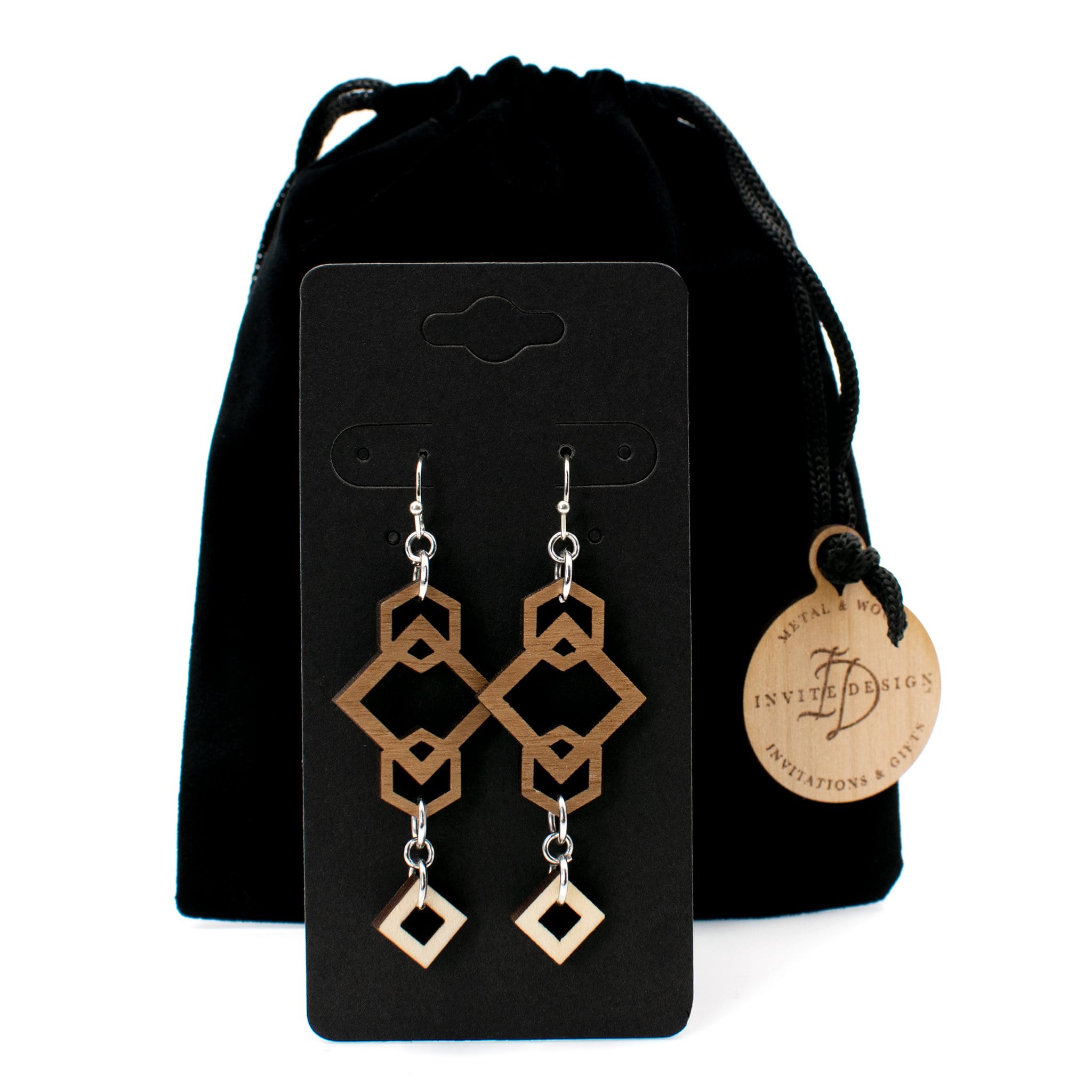 Geometric Two-Tone Hardwood and Silver Dangle Earrings