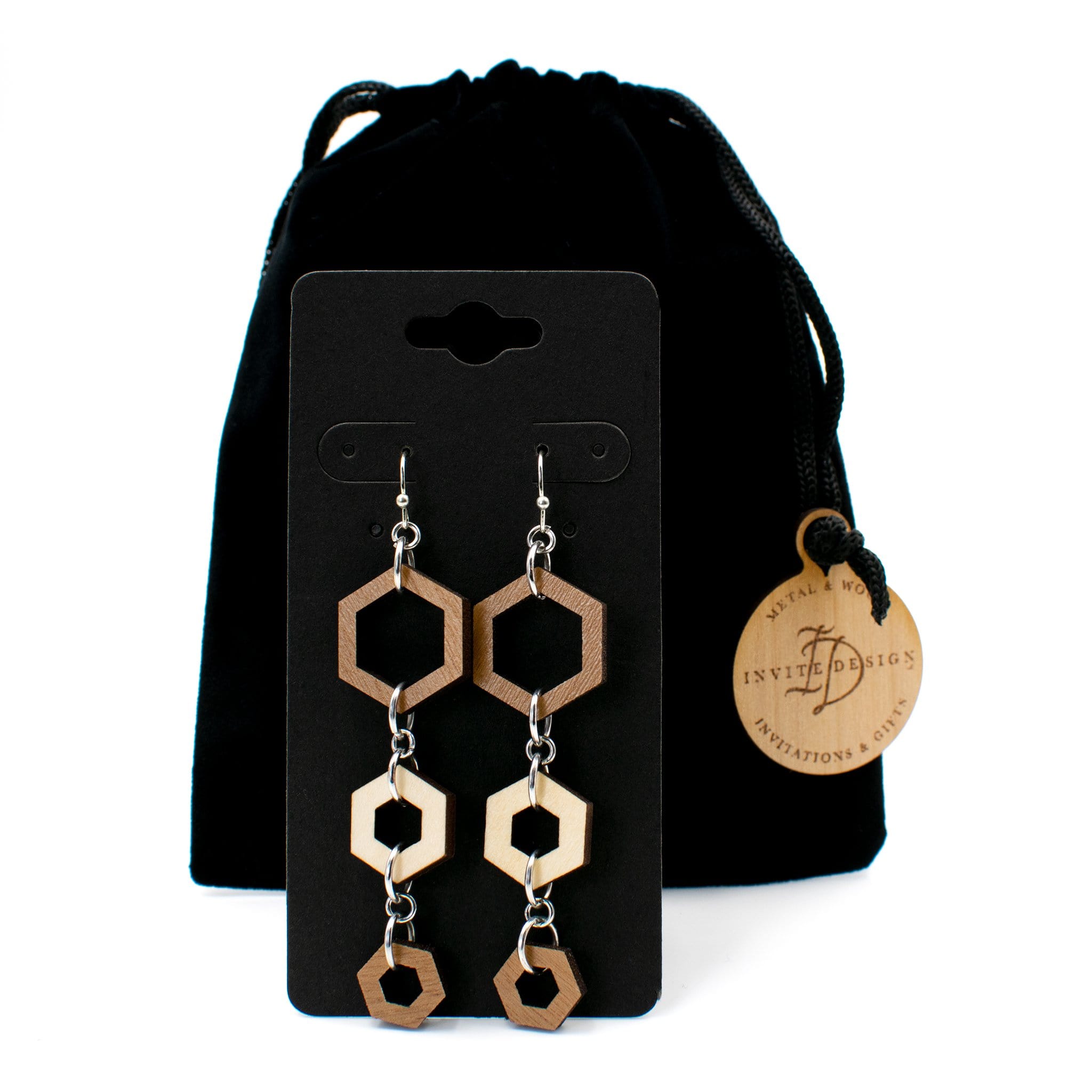 Hexagon Two-Tone Hardwood and Silver Dangle Earrings