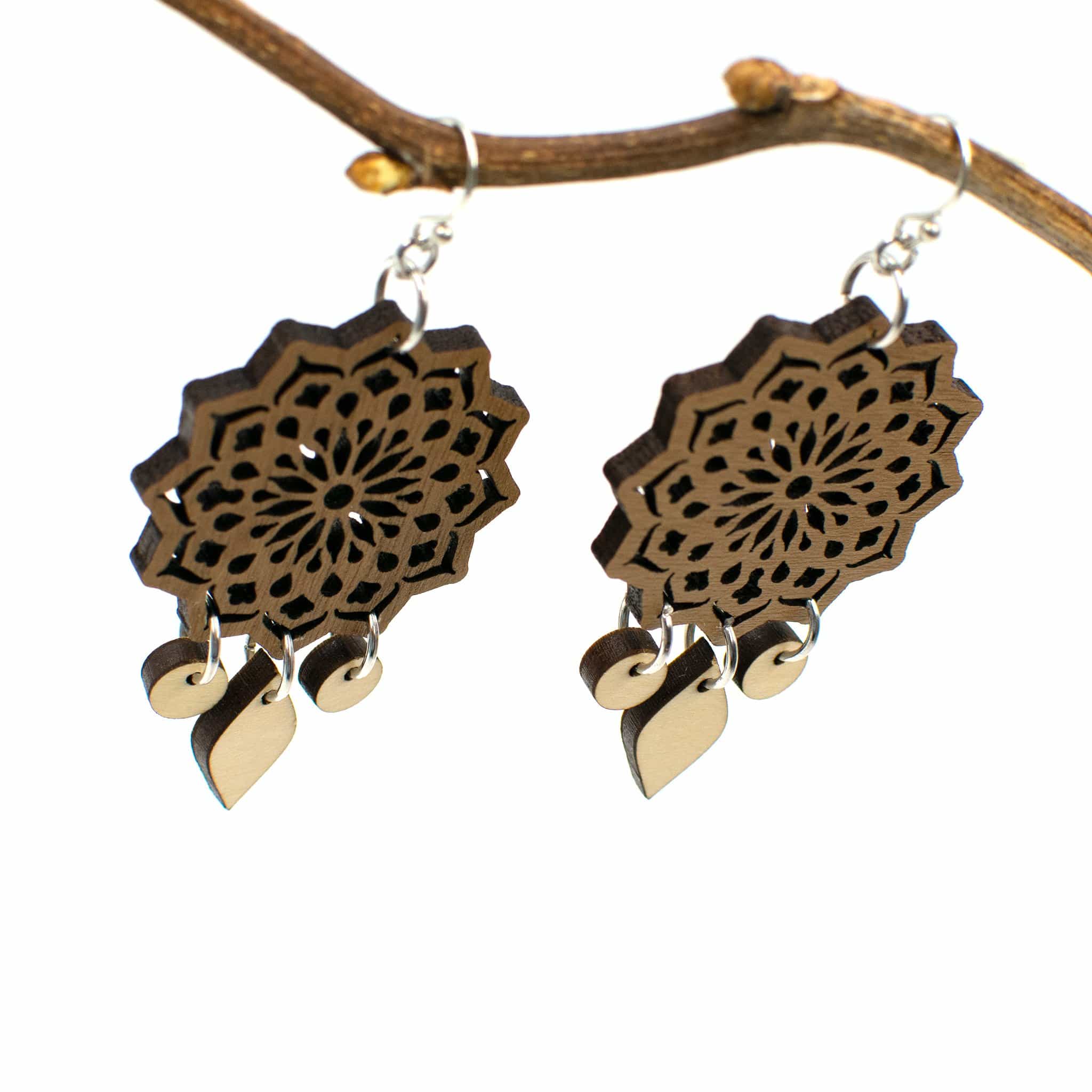 Mandala Dangle Wood and Silver Earrings