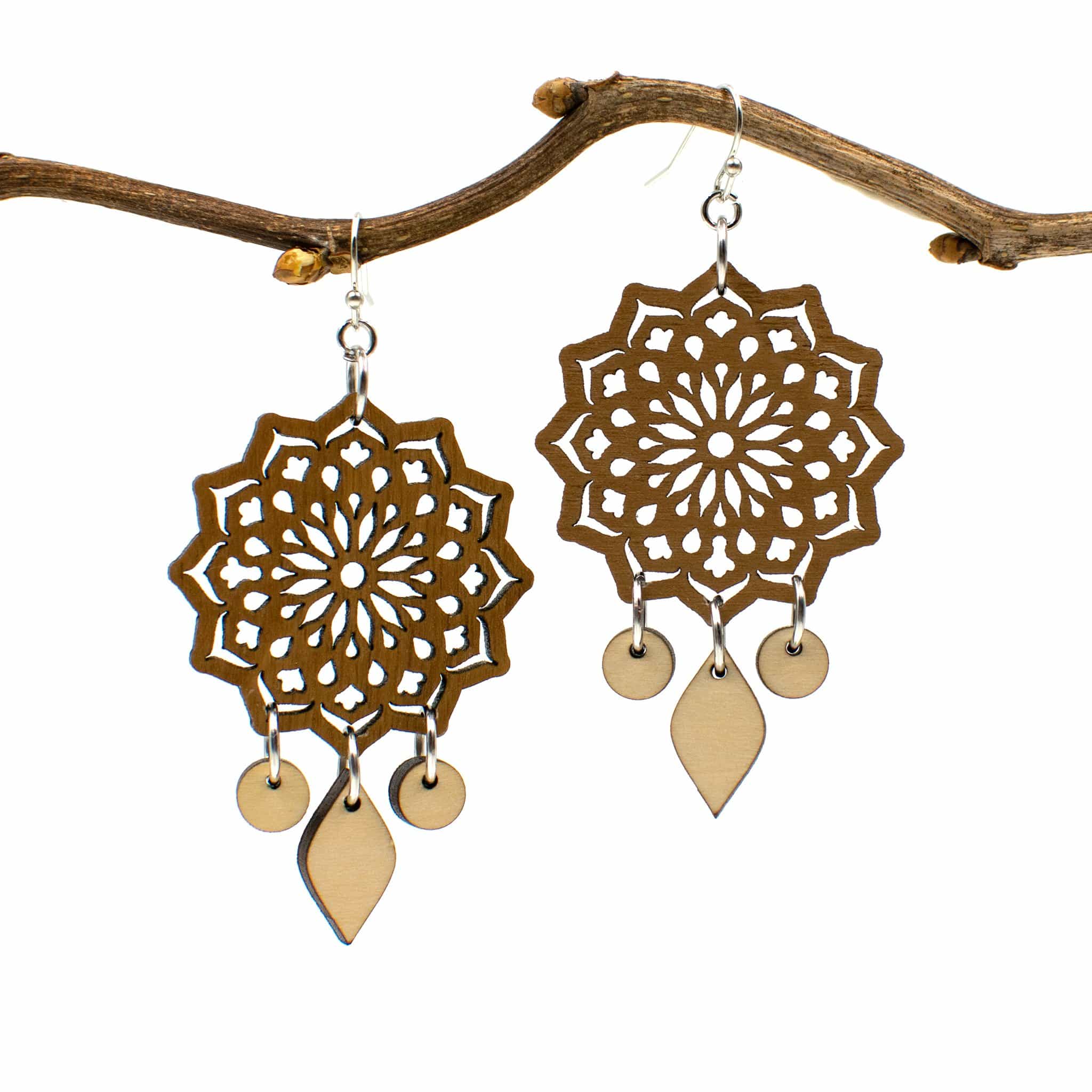 Wood Mandala Dangle Two Tone Boho Earrings