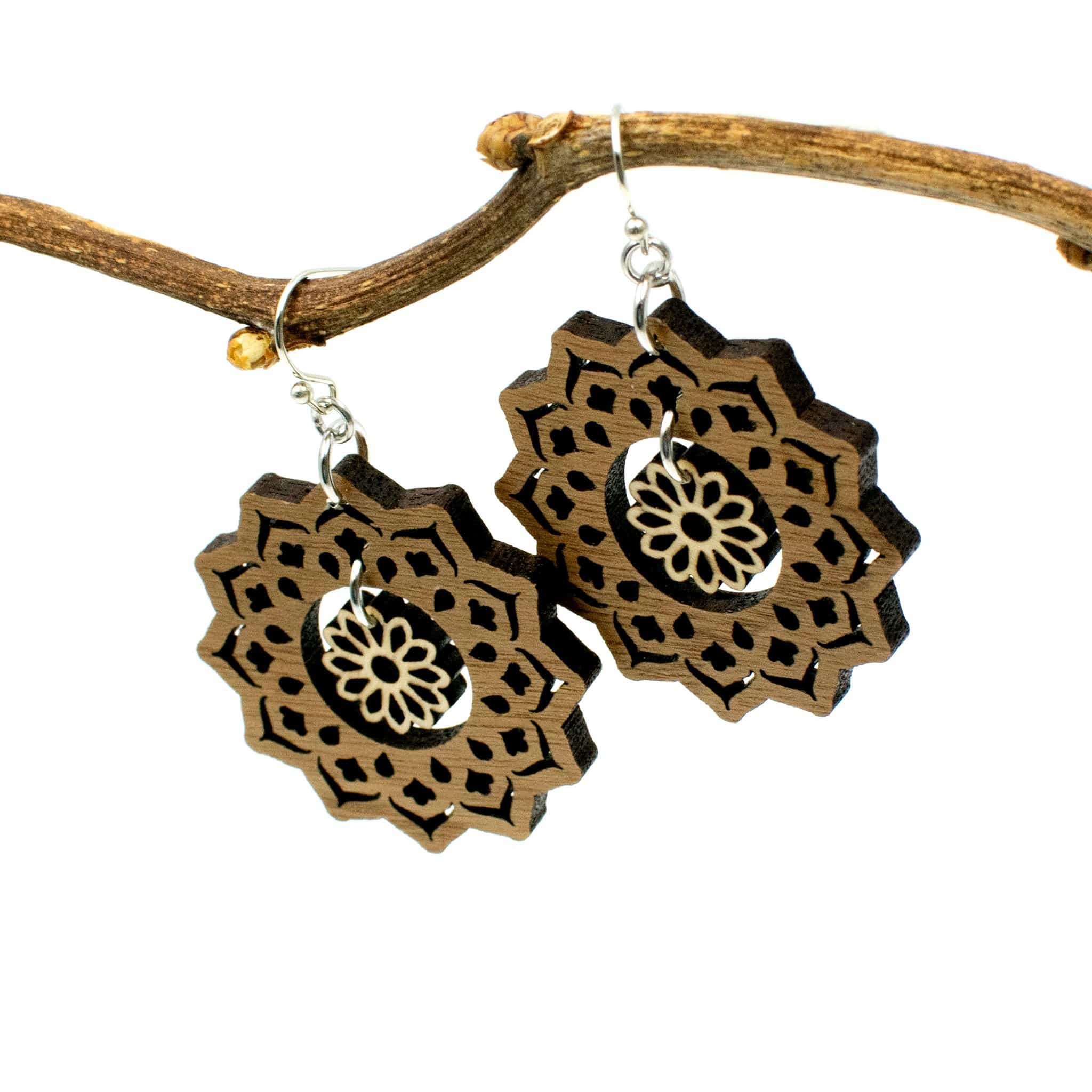 Wood Mandala and Flower Dangle Two Tone Boho Earrings