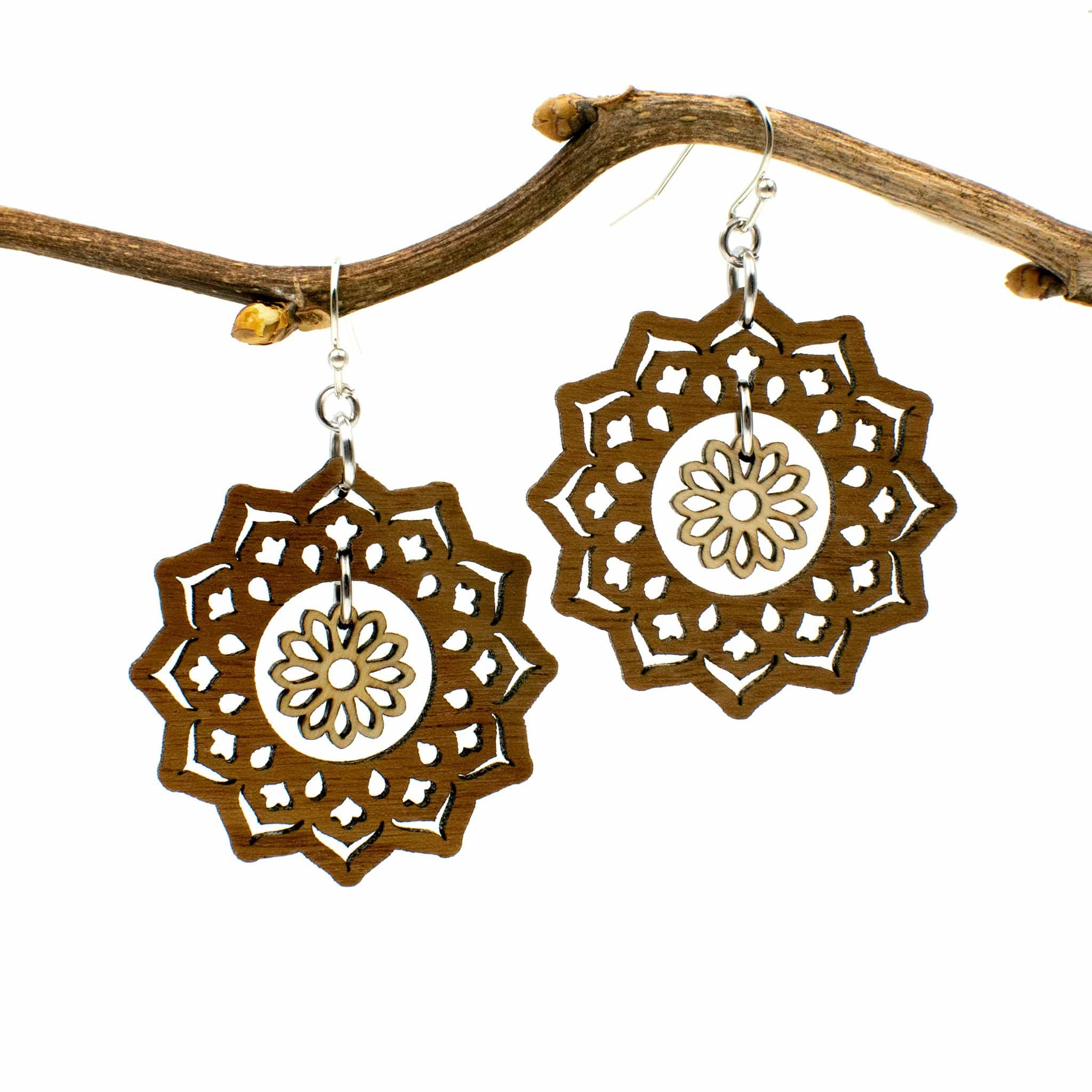 Wood Mandala and Flower Boho Earrings