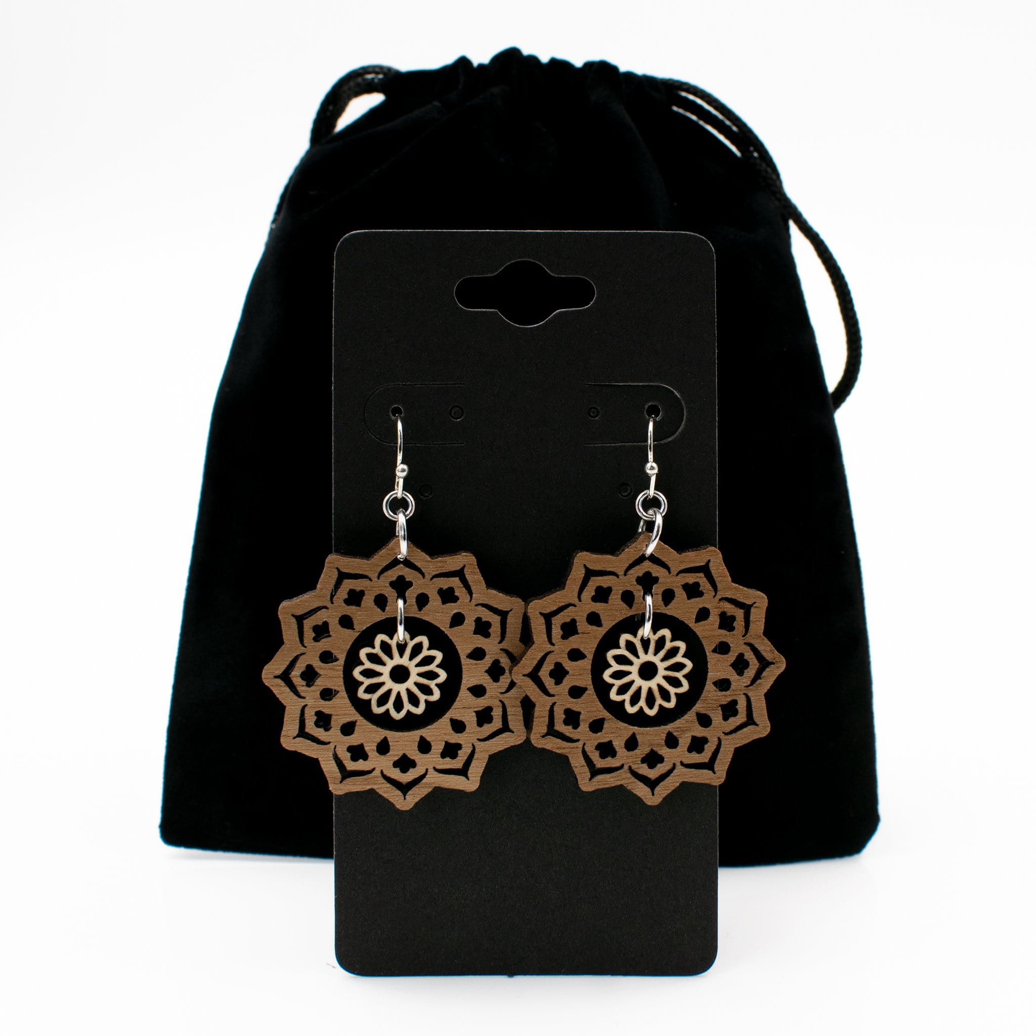 Mandala and Flower Two-Tone Hardwood and Silver Dangle Earrings