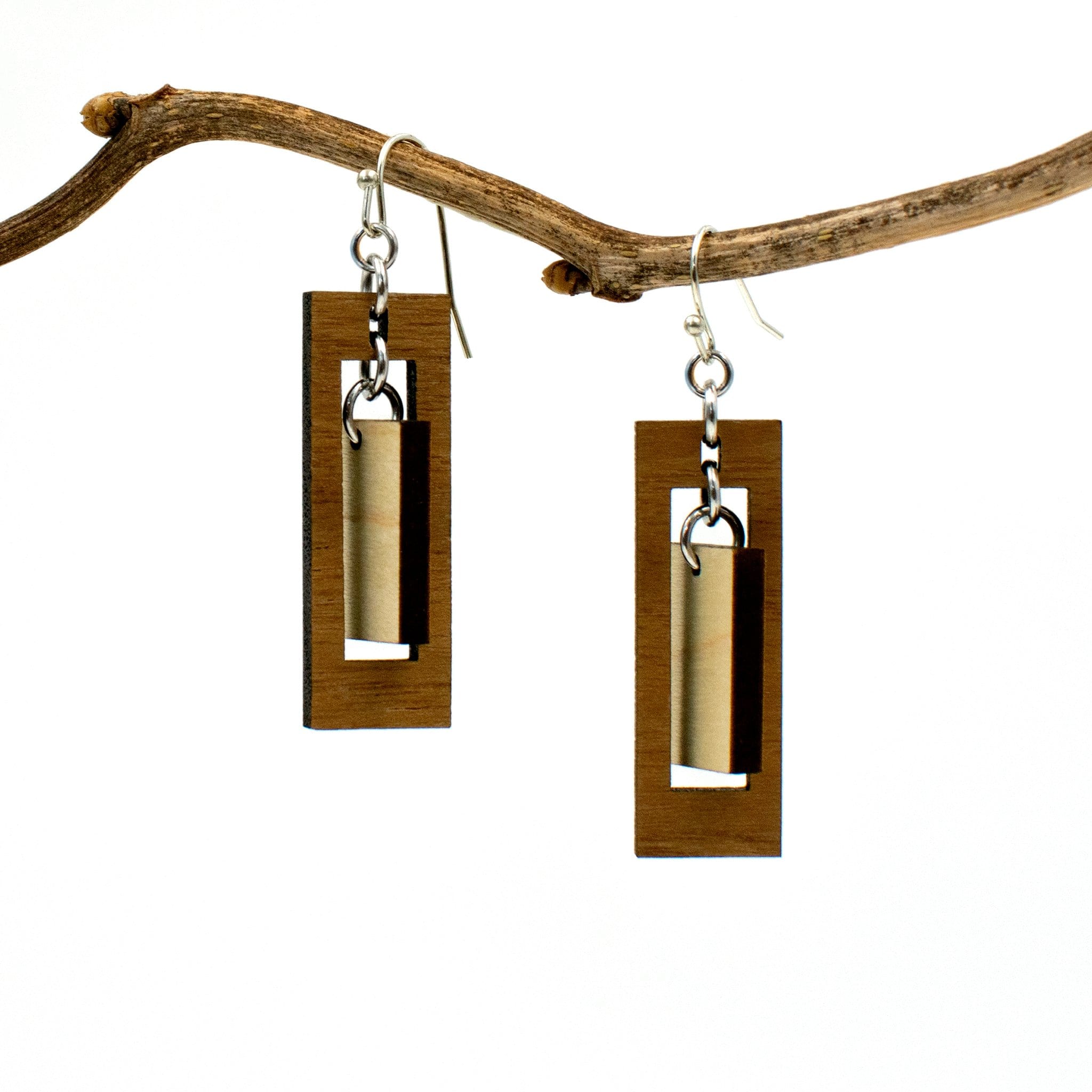 Modern Rectangle Earrings Two Tone Wood and Silver