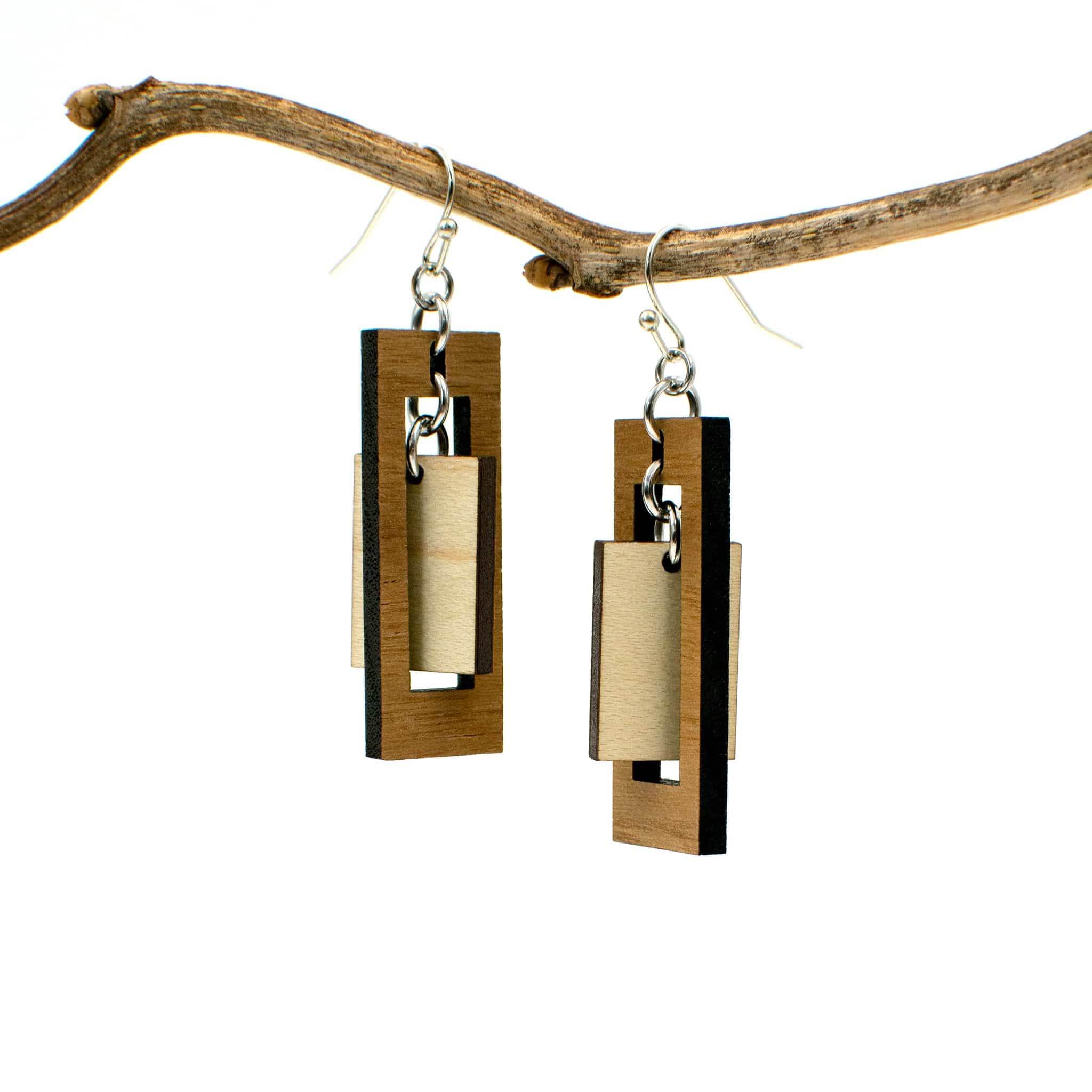 Wood Rectangle Dangle Two Tone Earrings